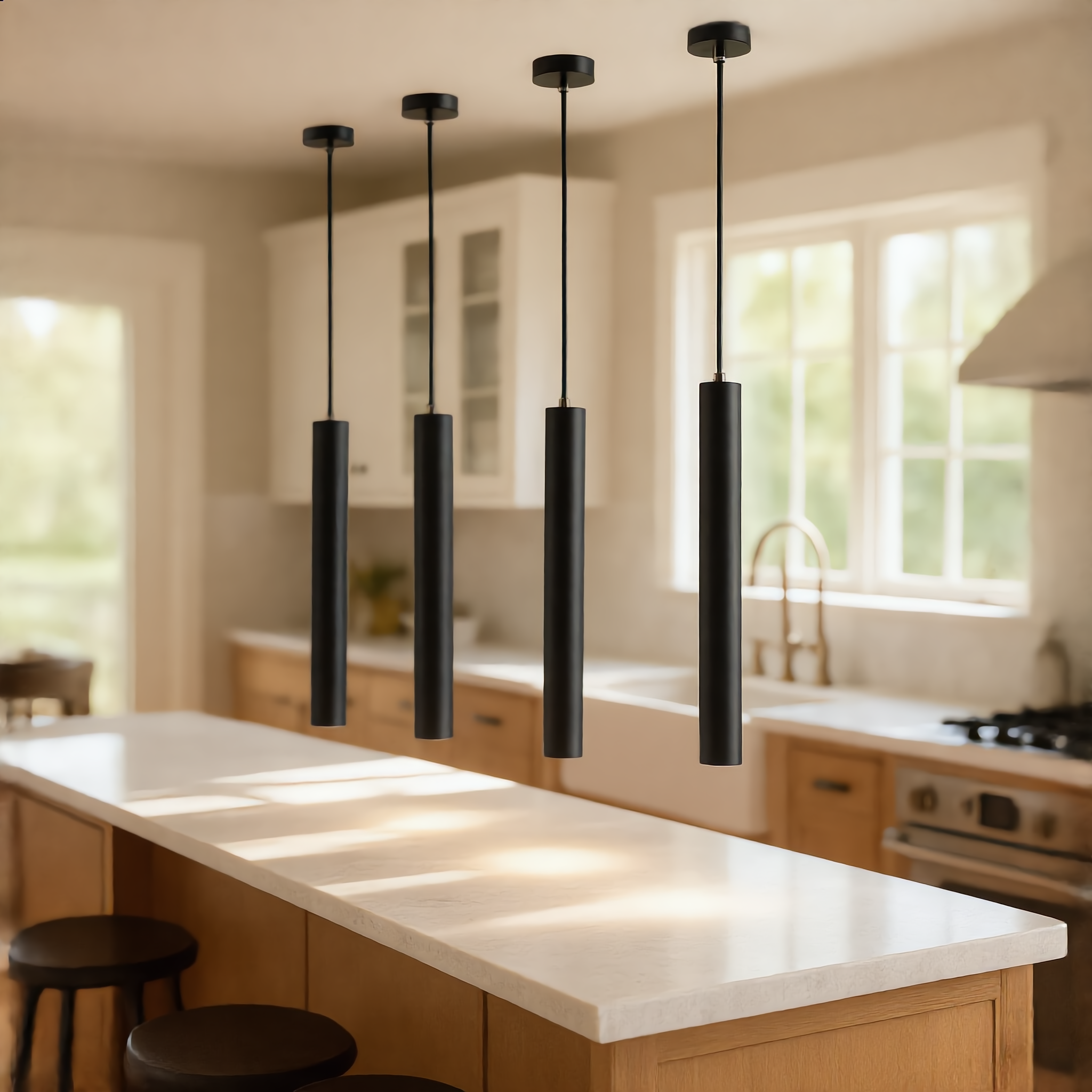Cometa black tube pendants over a kitchen island