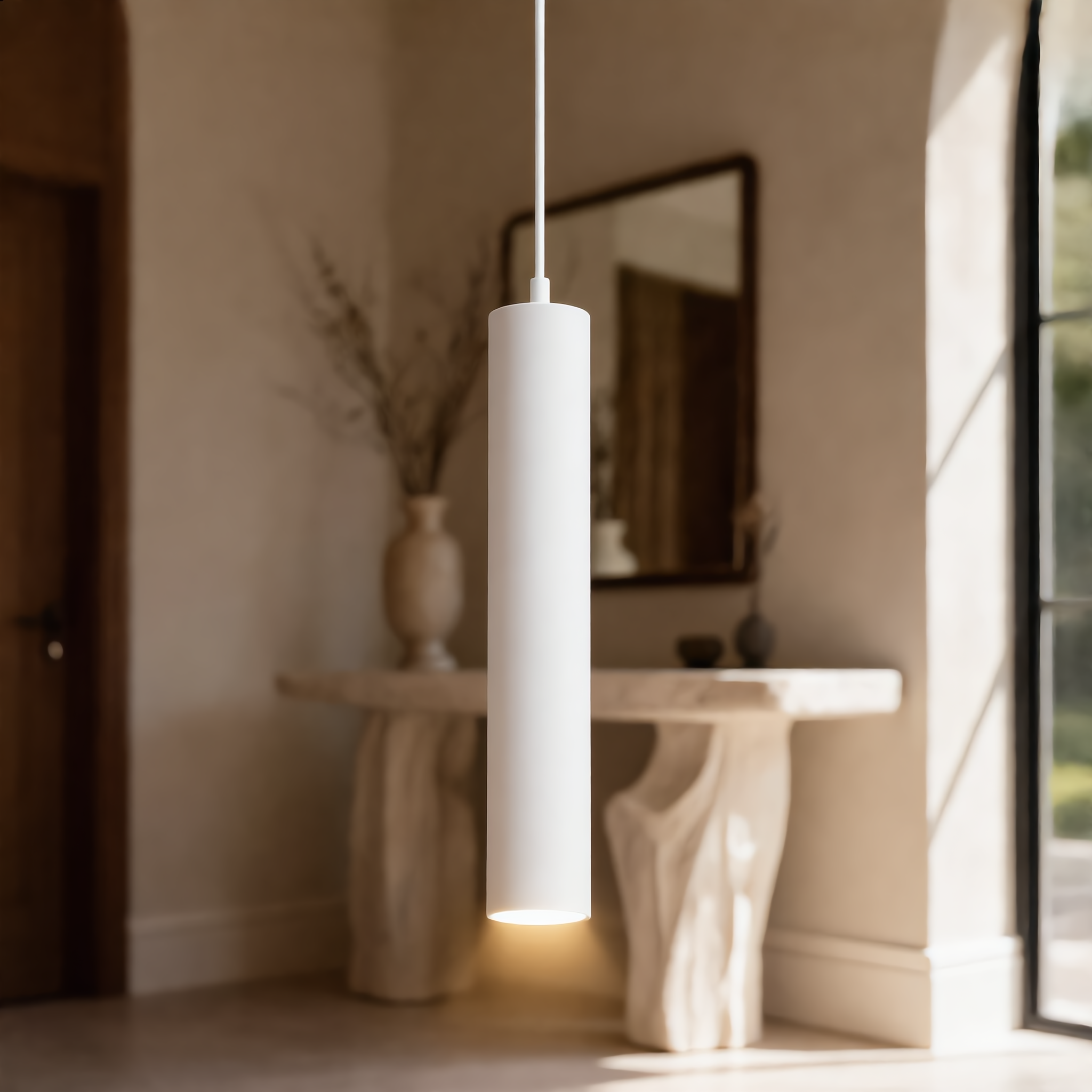 Cometa white tube pendant over an entryway console