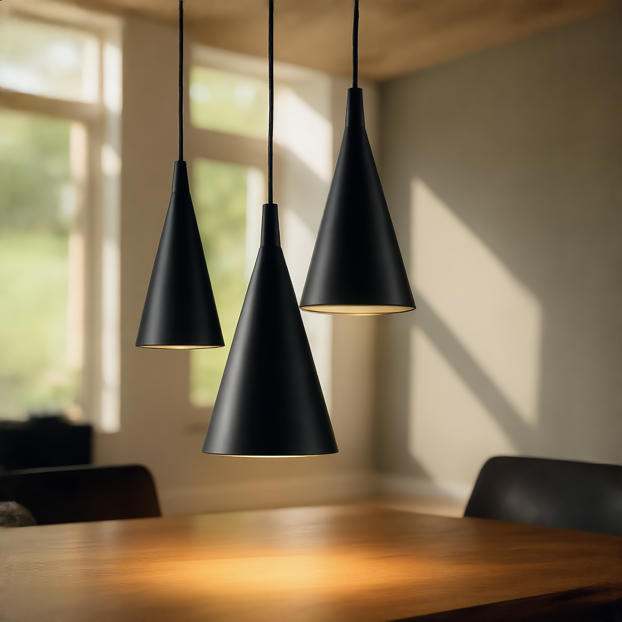 Cometa black cone pendant cluster over a dining table