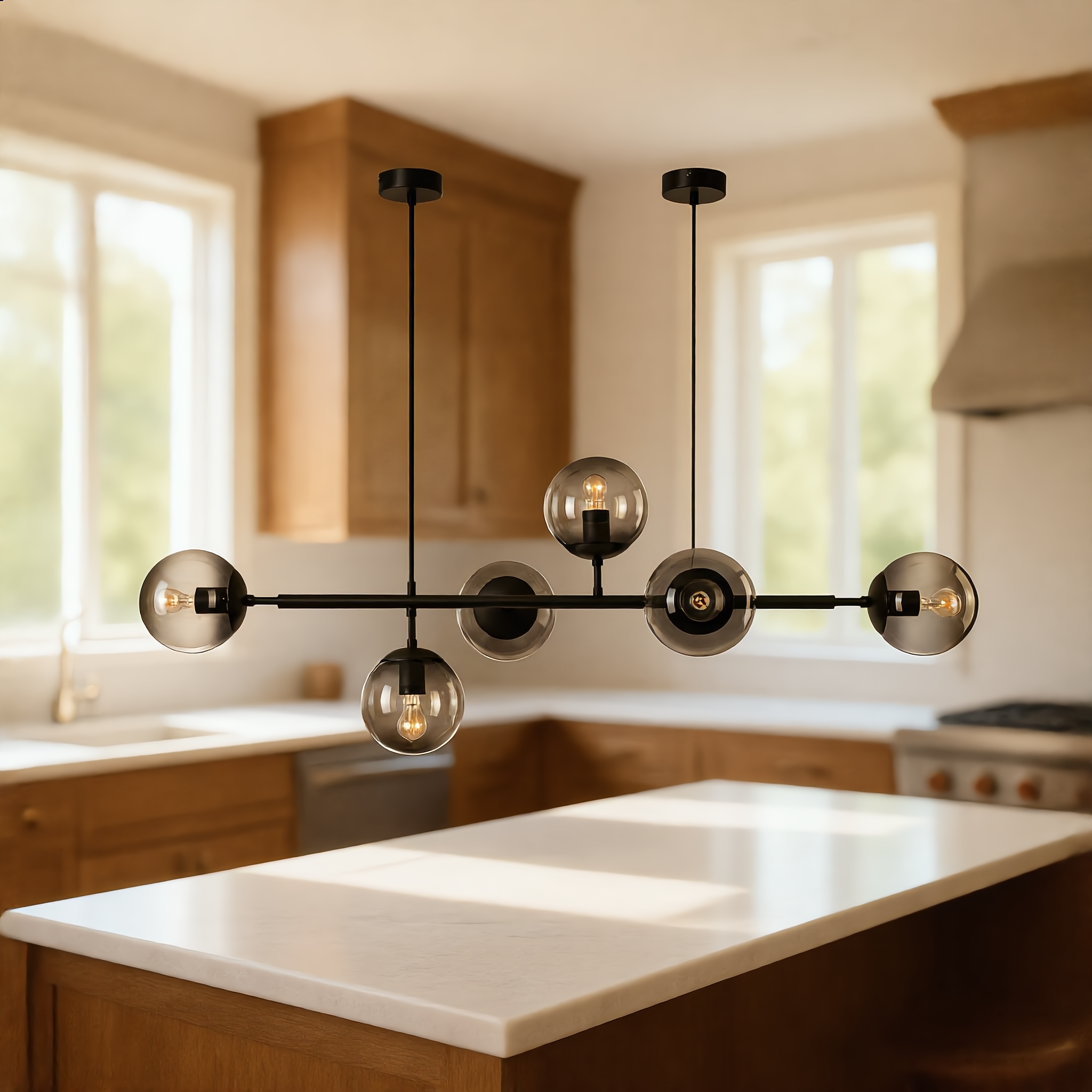 Costellazione black horizontal pendant over a kitchen island