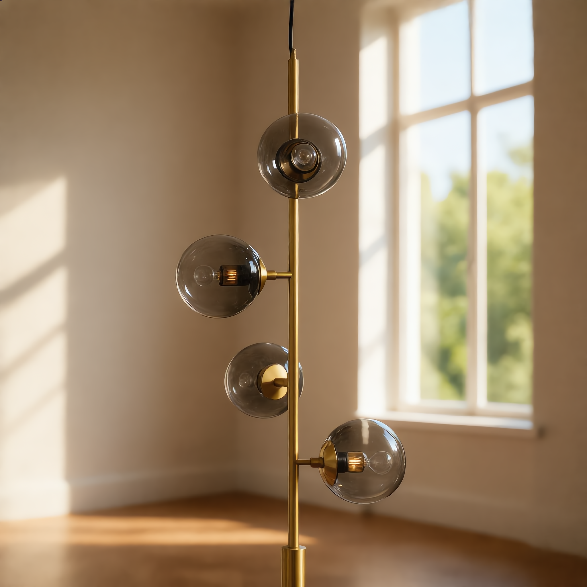 Costellazione gold vertical pendant beside a bright window