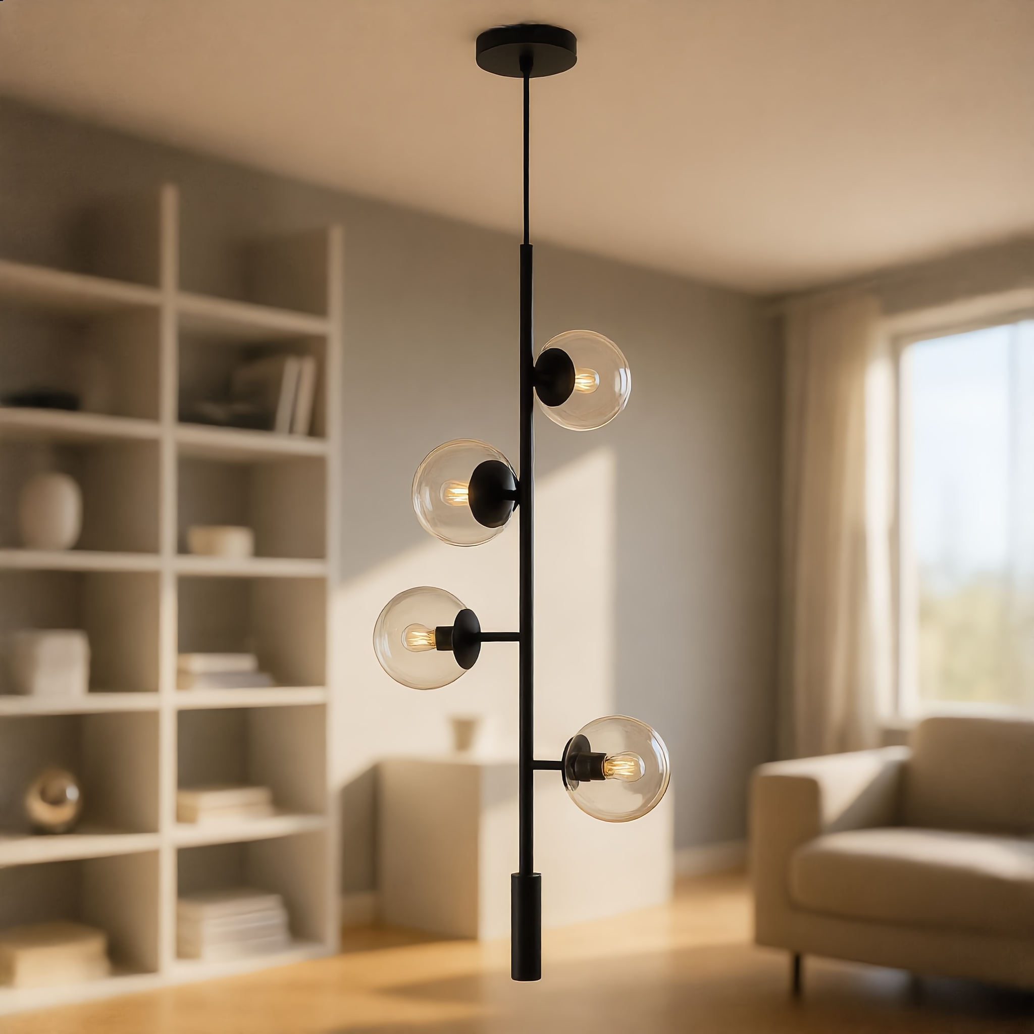 Costellazione black vertical pendant beside shelving