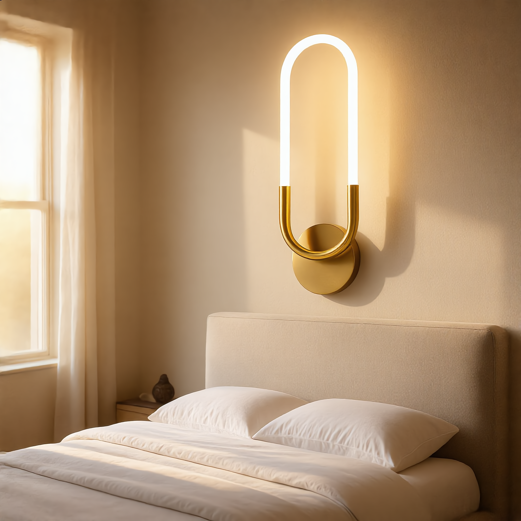Quiete brass oval wall sconce above bed in airy bedroom