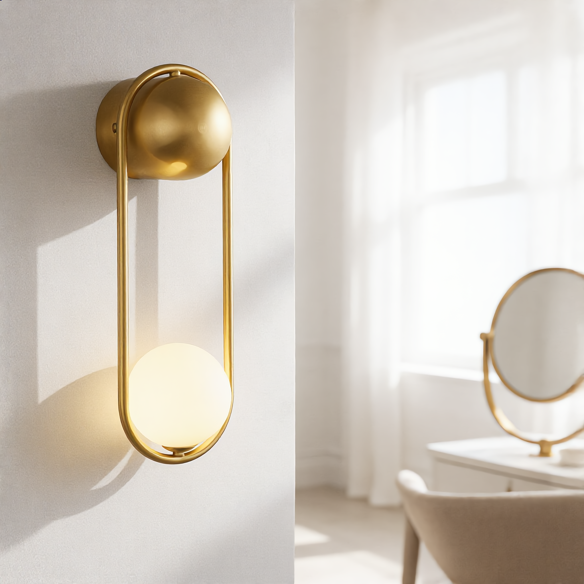 Quiete brass orb wall sconce beside vanity mirror