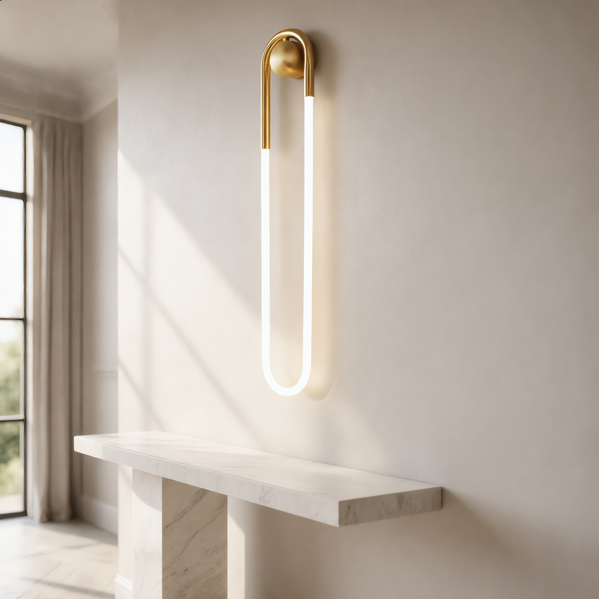 Quiete tall brass wall sconce in modern entryway