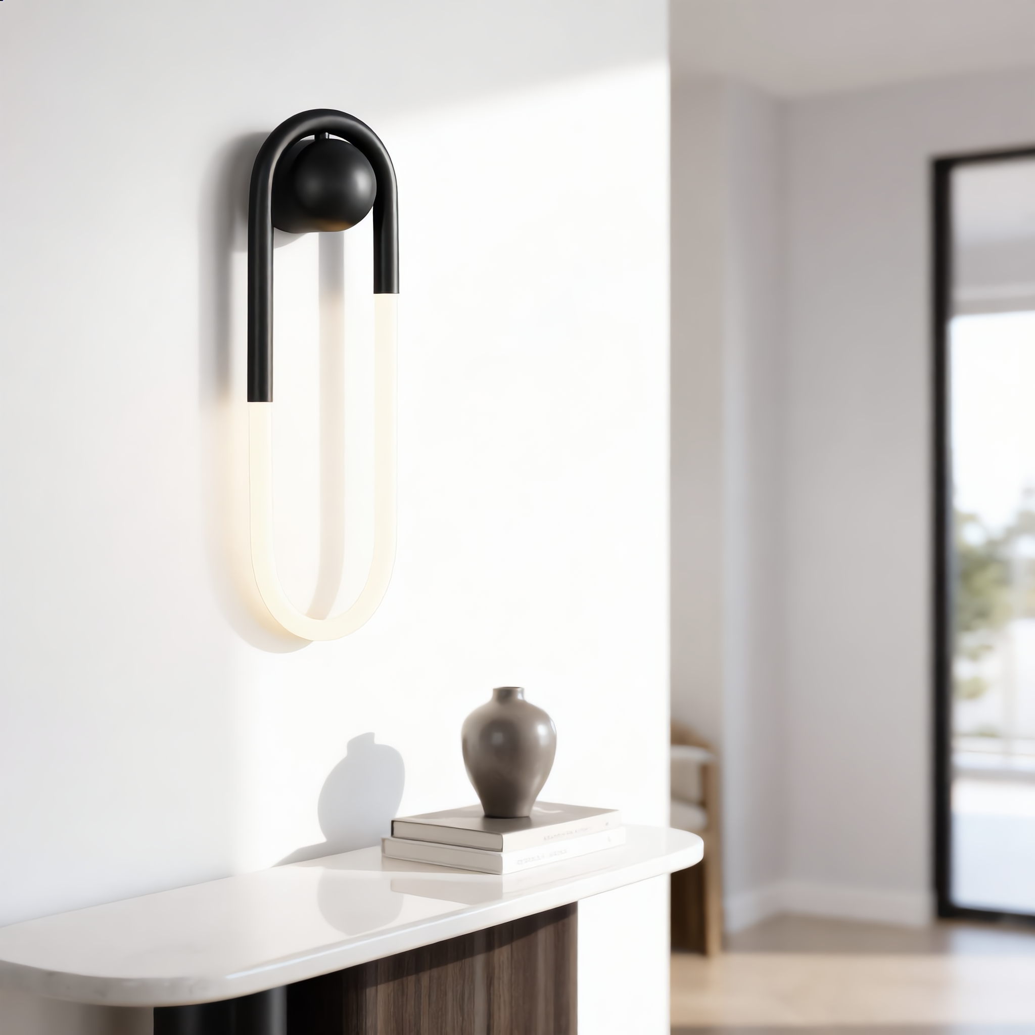 Quiete black hook wall sconce in contemporary hallway