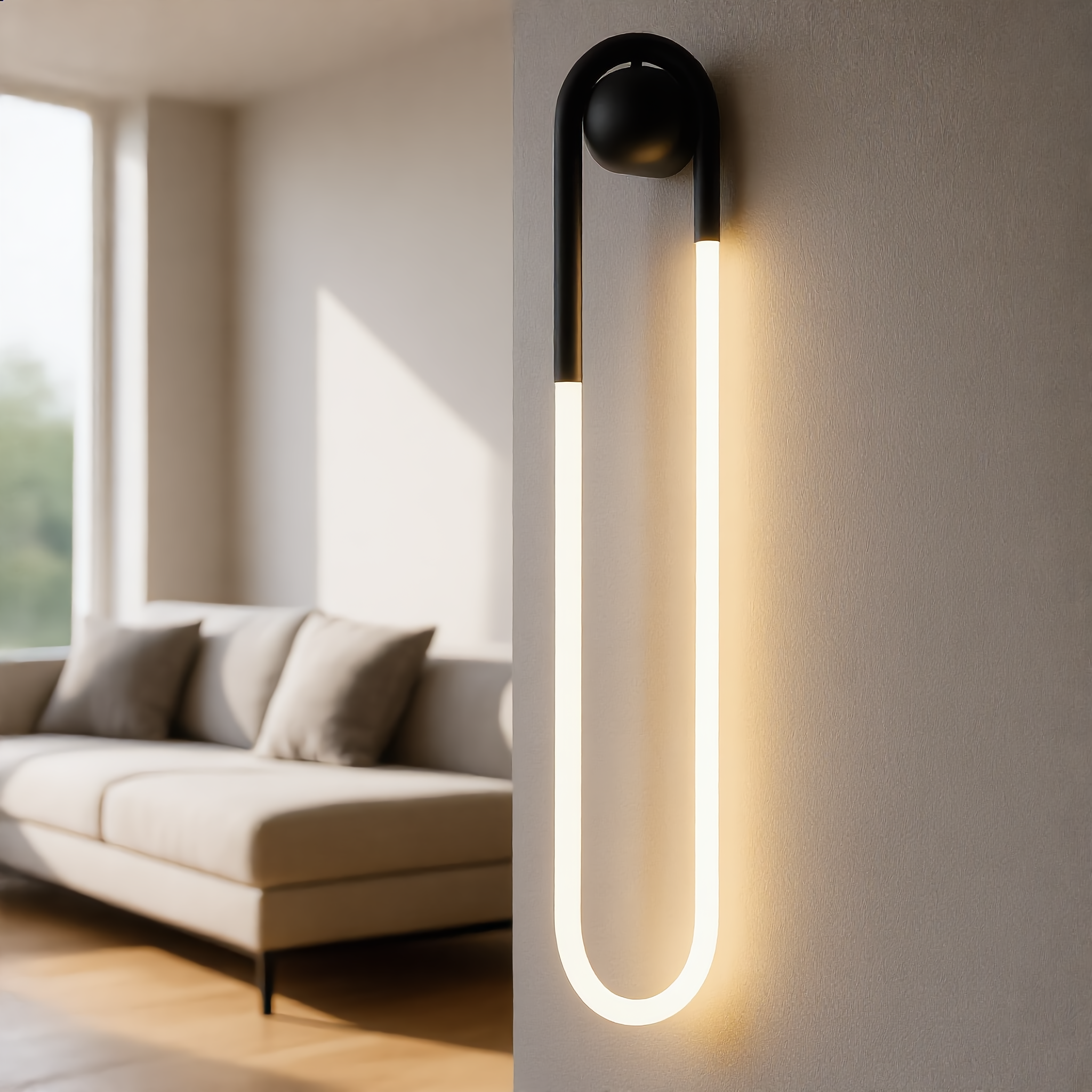 Quiete tall black wall sconce beside sofa in living room