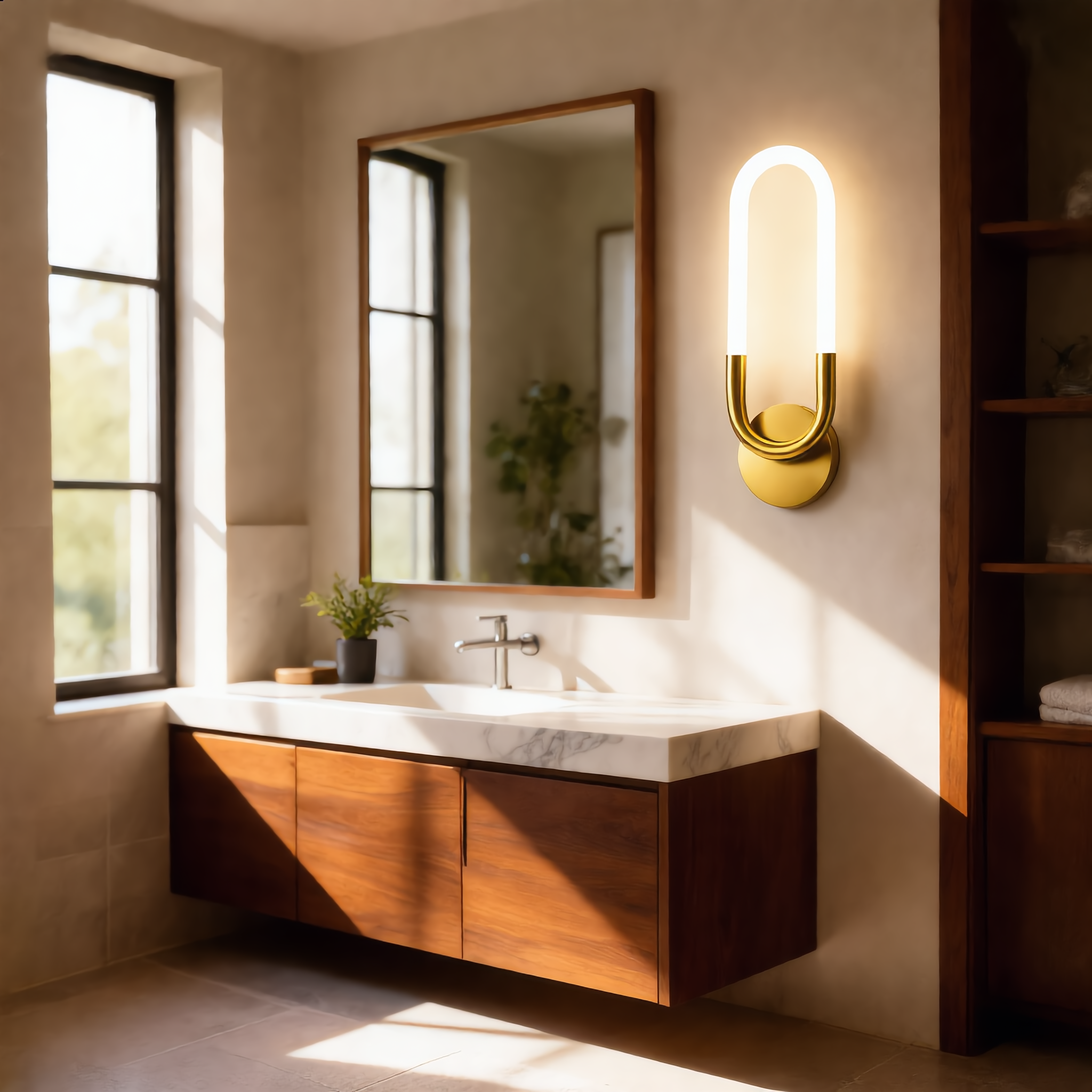 Quiete brass oval wall sconce beside vanity mirror in a bright modern bathroom