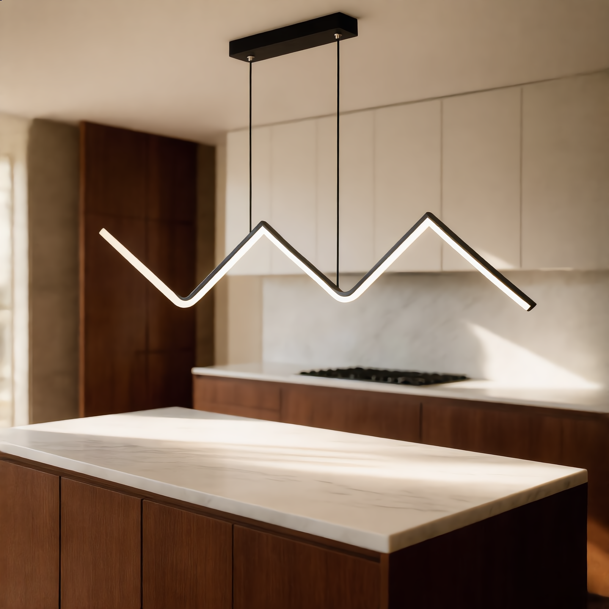 Lampo black zigzag pendant over a kitchen island
