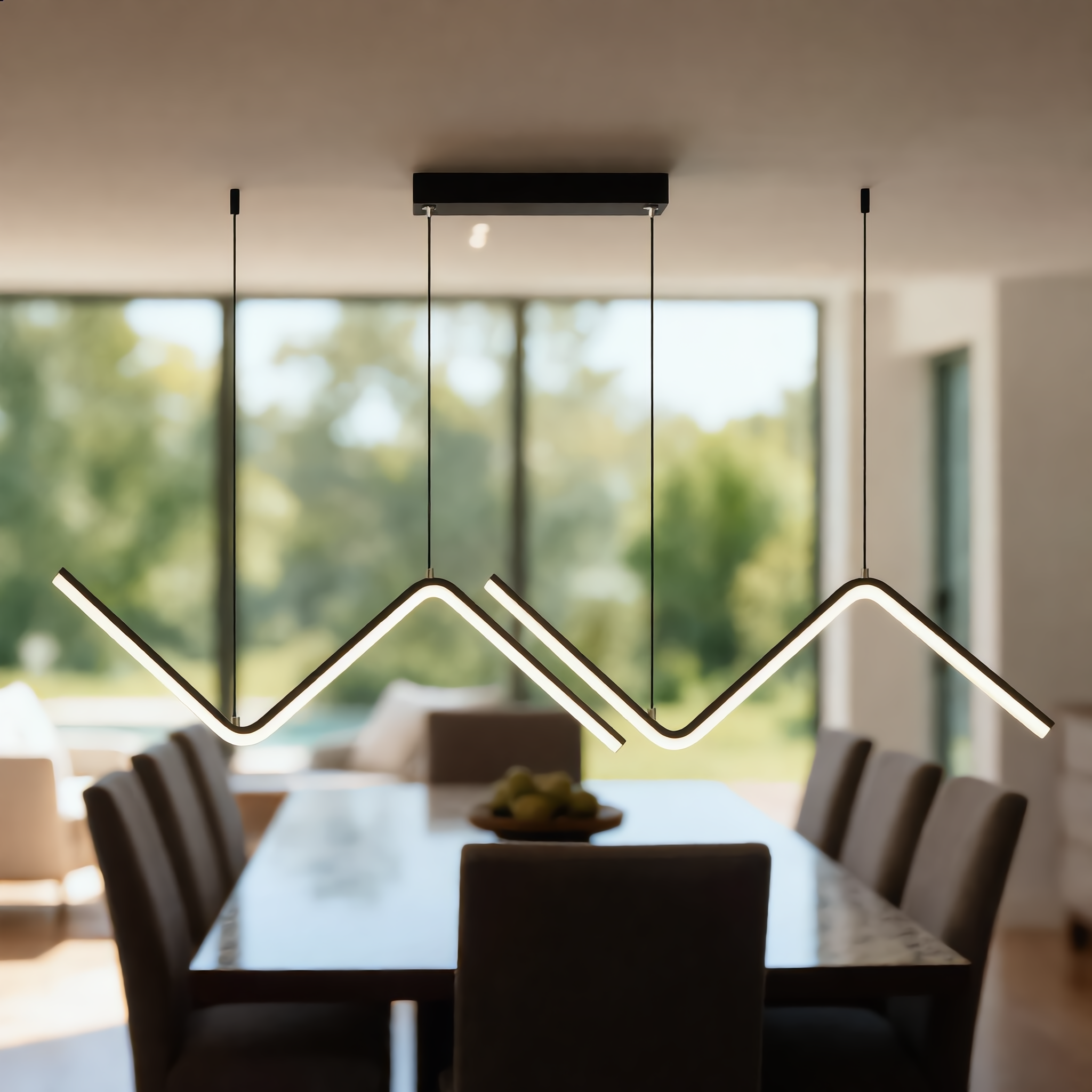 Lampo black zigzag pendant over a long dining table