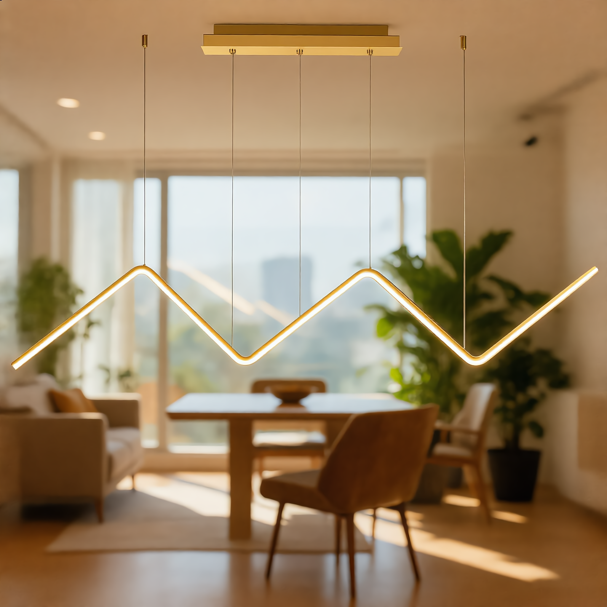 Lampo gold zigzag pendant in an open-plan living-dining space