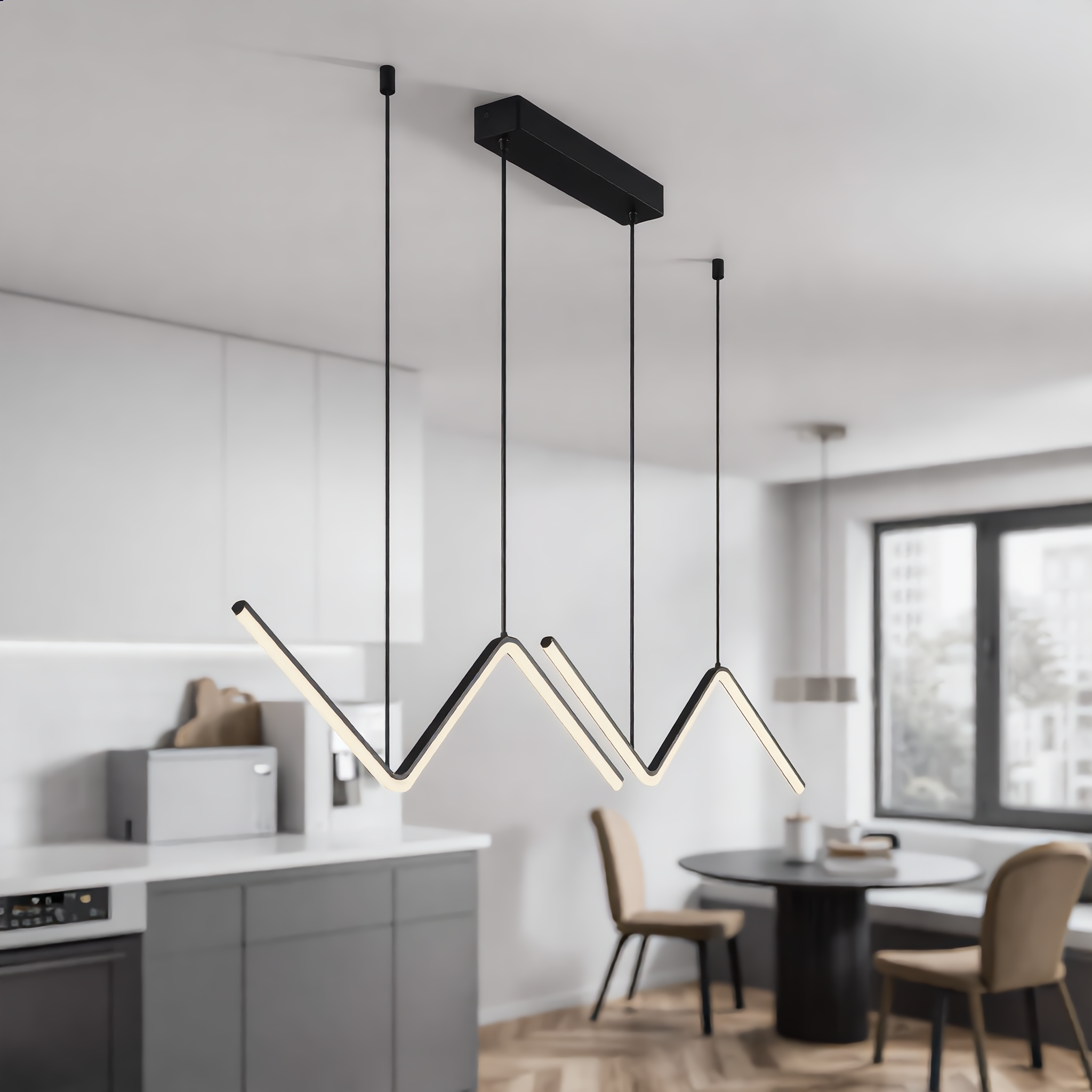 Lampo black zigzag pendant hung high above a breakfast nook table