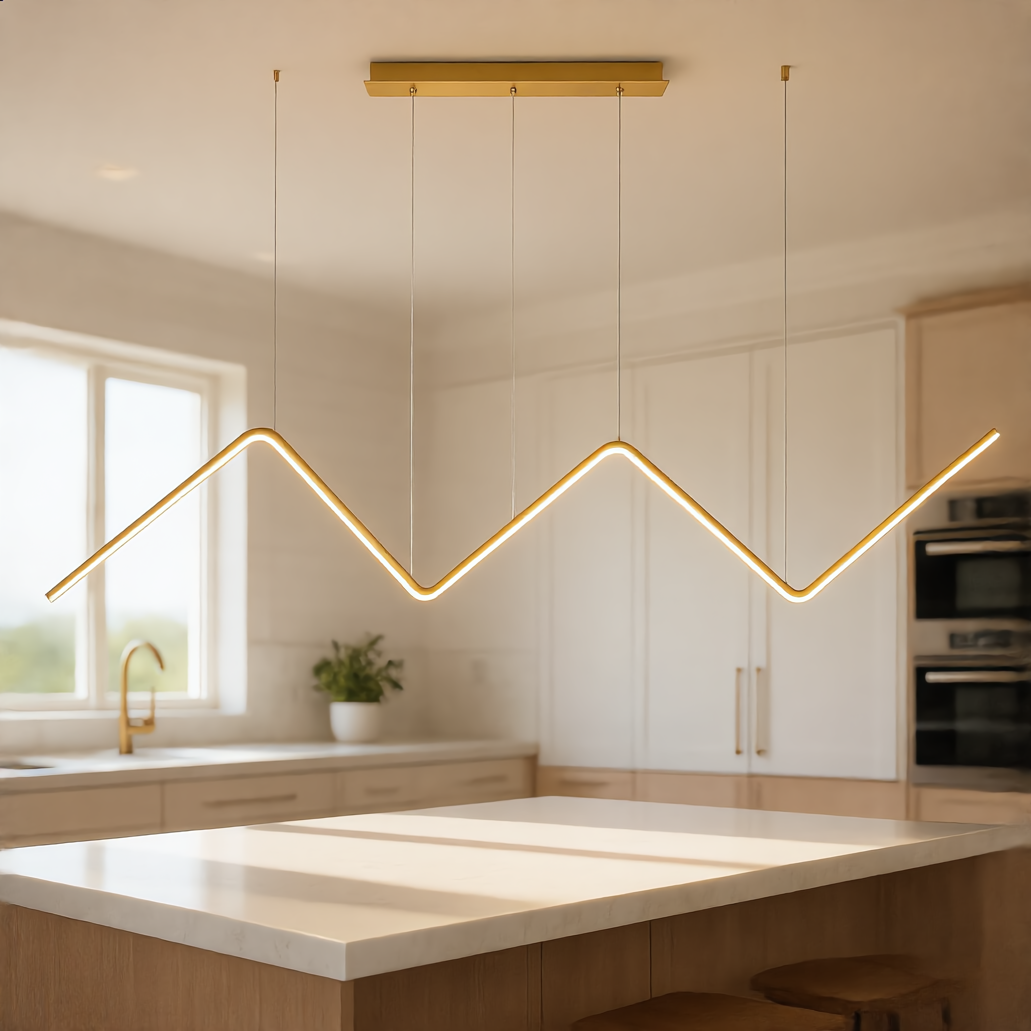 Lampo gold zigzag pendant over a kitchen island in a bright modern kitchen