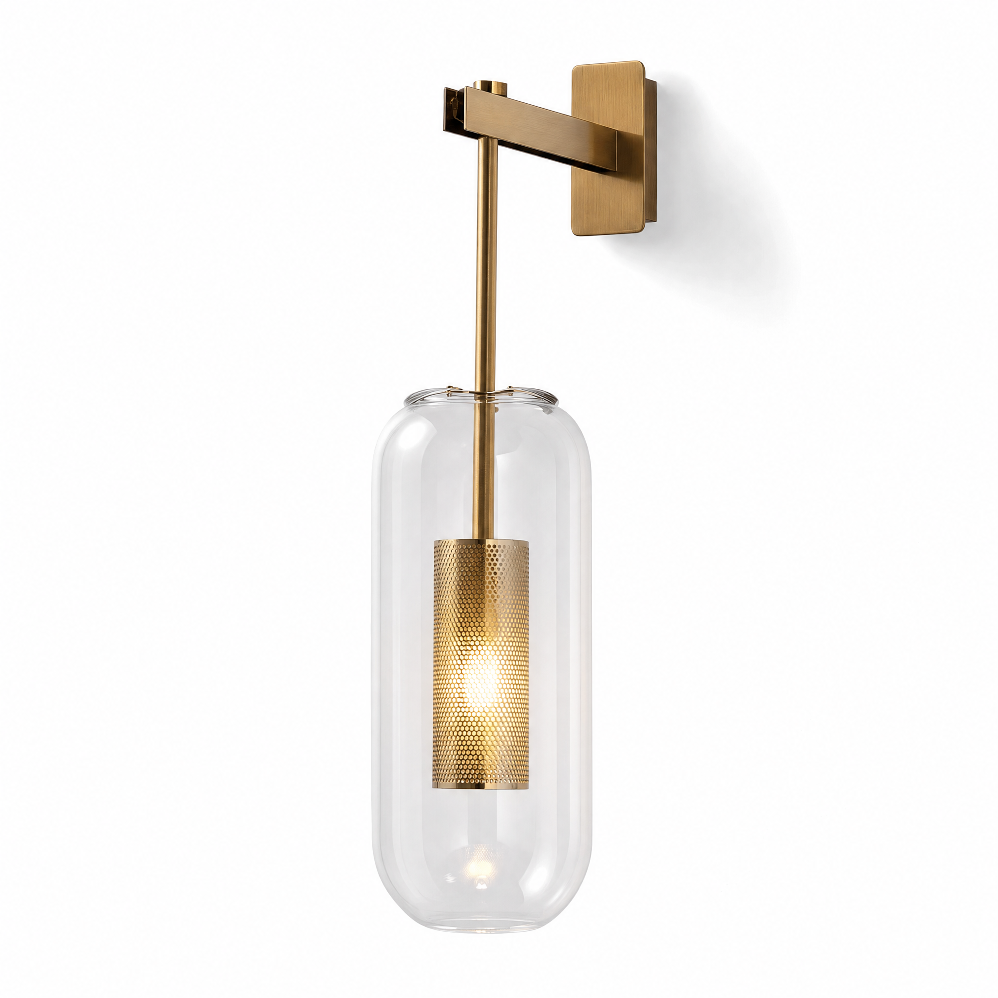 Vetro brass clear glass capsule wall sconce with warm Edison glow