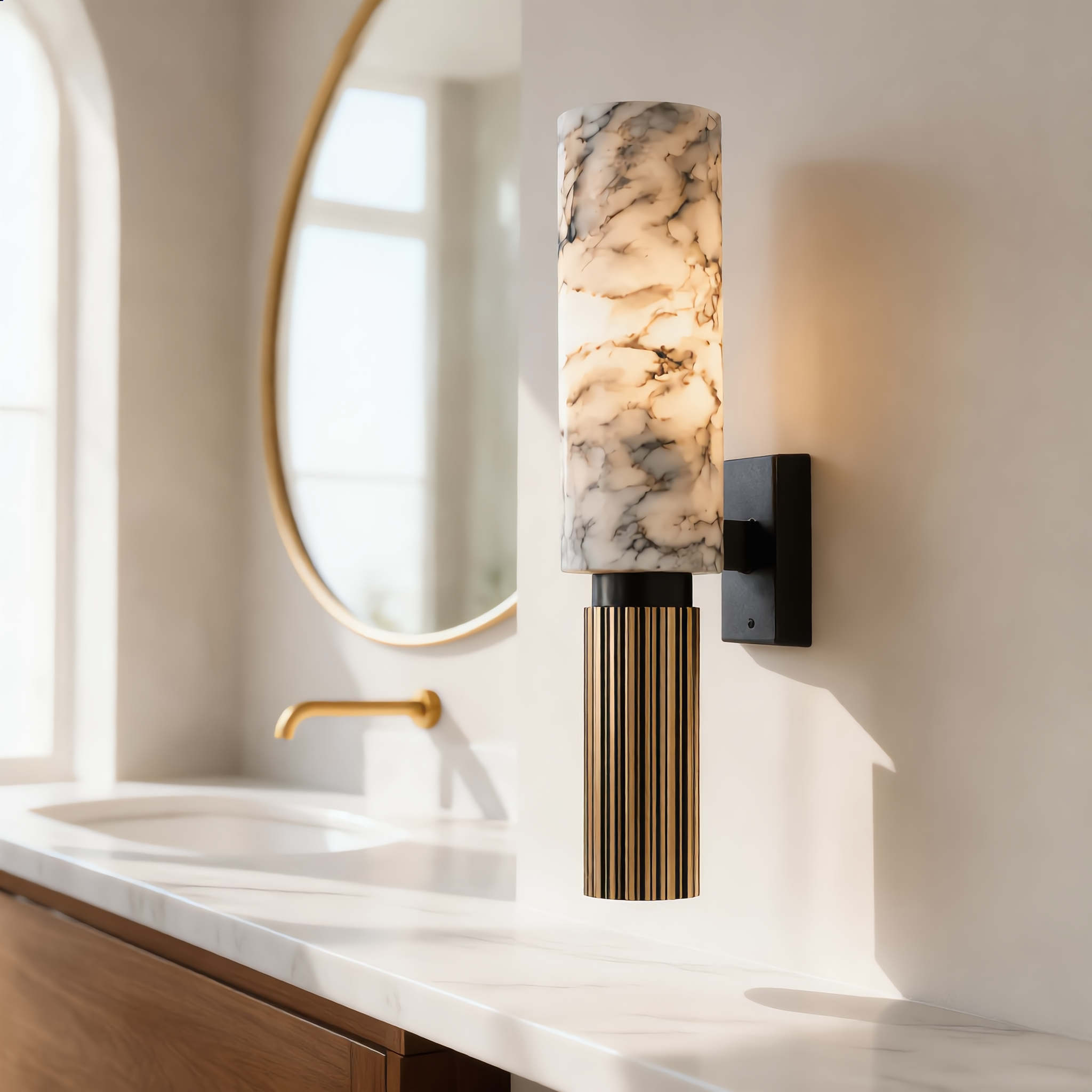 Aurora Marble Wall Sconce mounted beside a vanity mirror