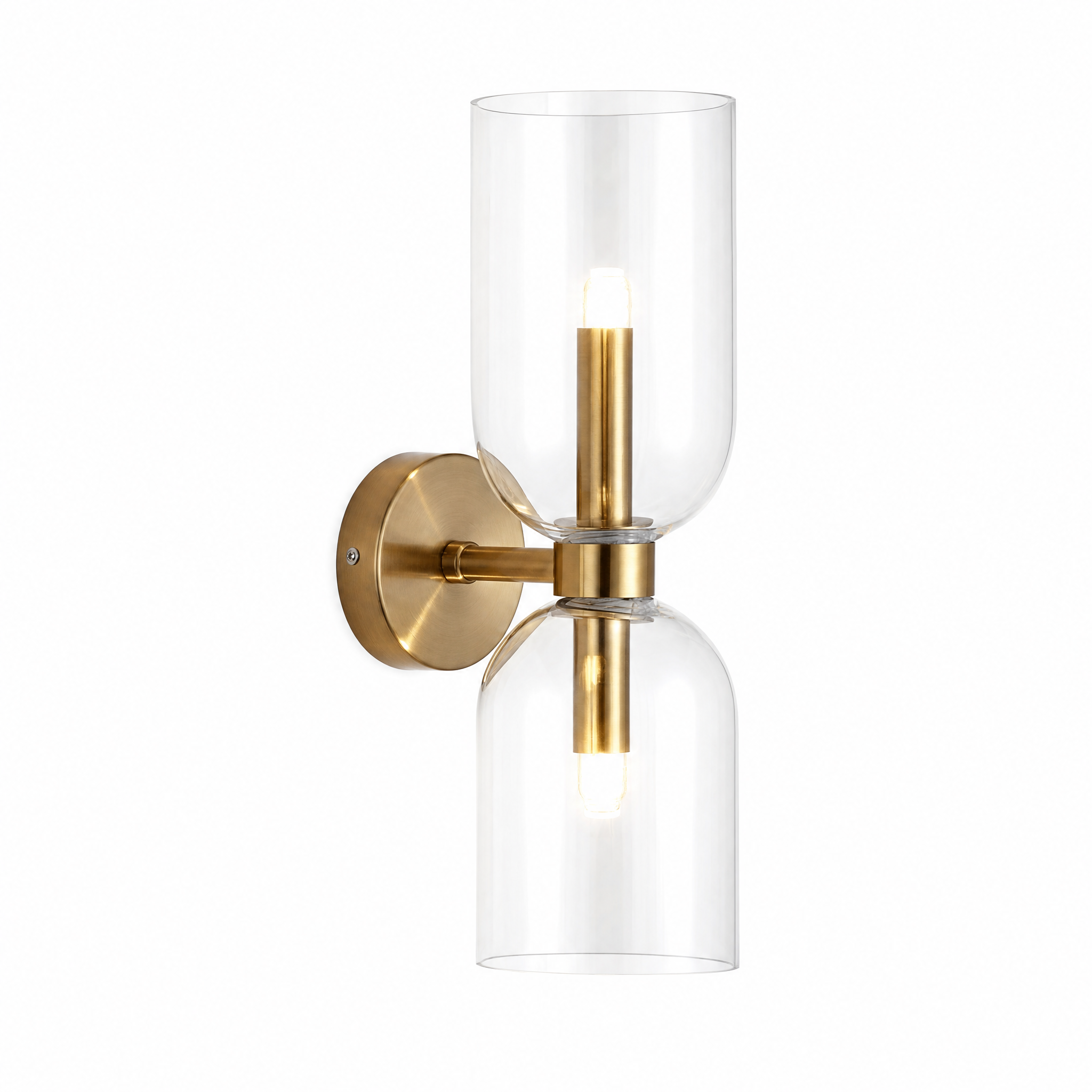 Duetto Glass Wall Sconce in clear glass, warm glow on white