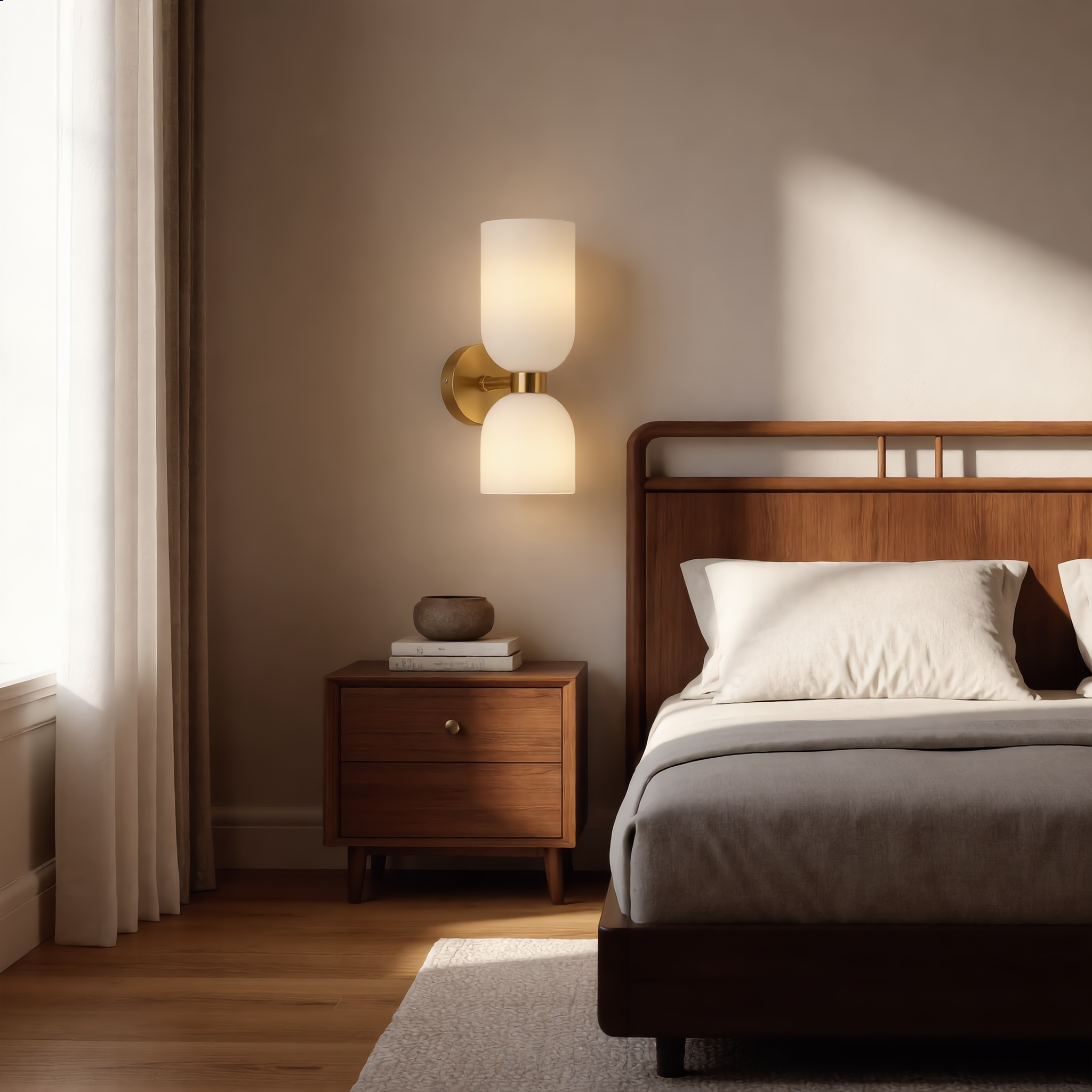 Milk White Duetto Glass Wall Sconce beside a bed