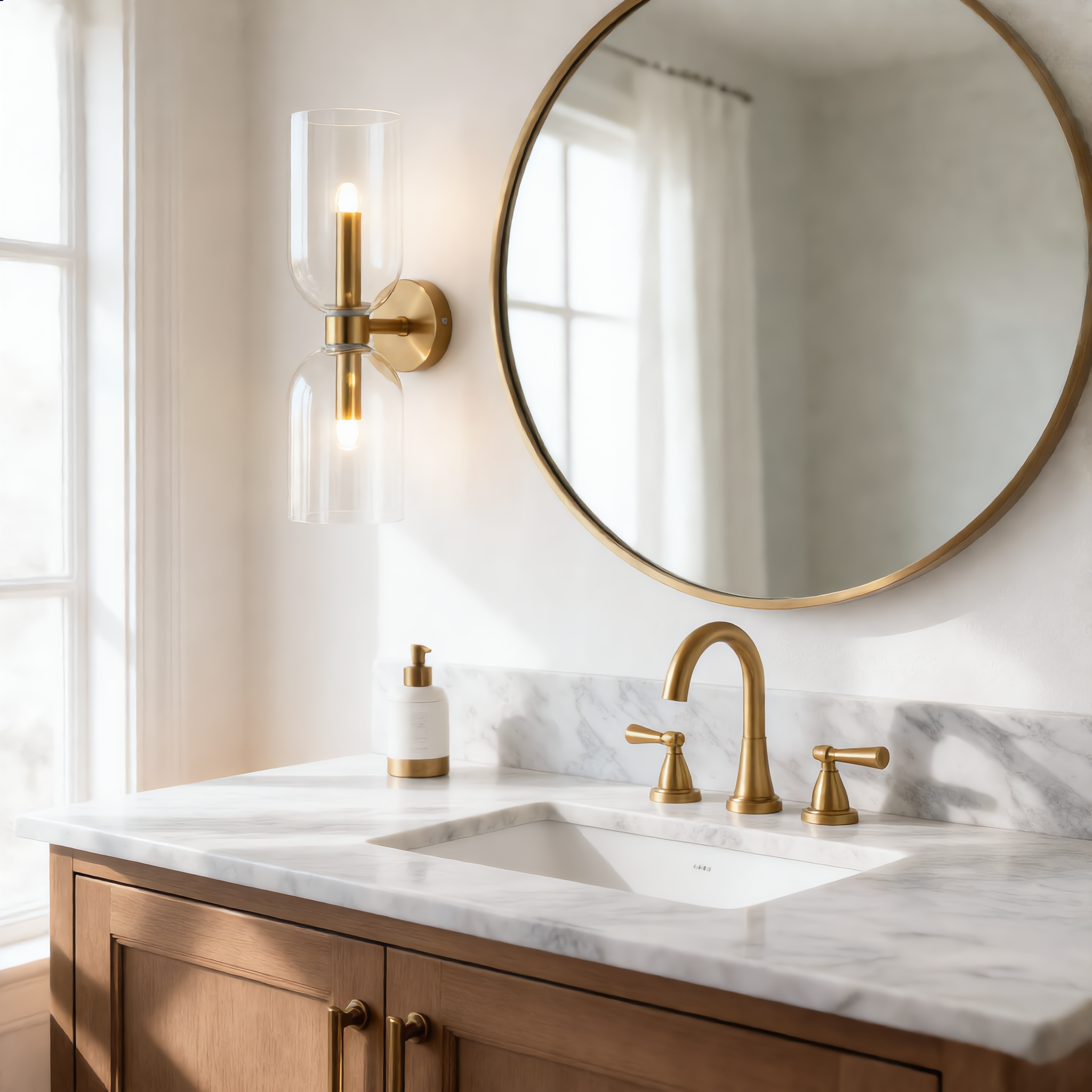 Clear Duetto Glass Wall Sconce beside a vanity mirror