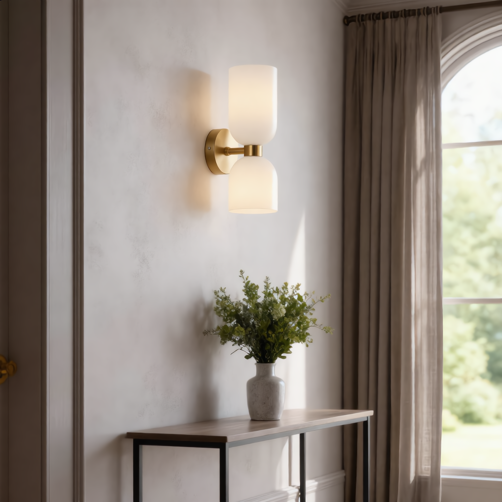 Milk White Duetto Glass Wall Sconce in an entry hallway