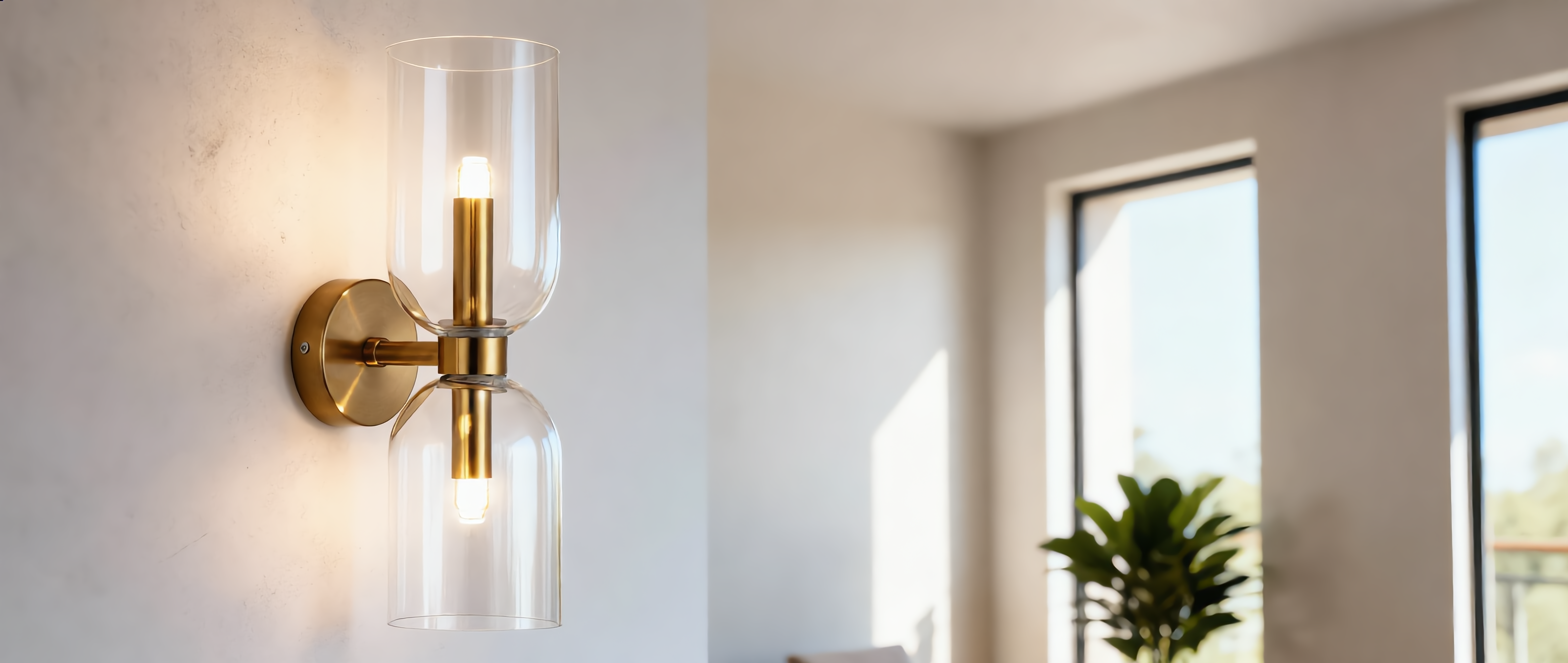 Duetto Glass Wall Sconce glowing on a sunlit living room wall
