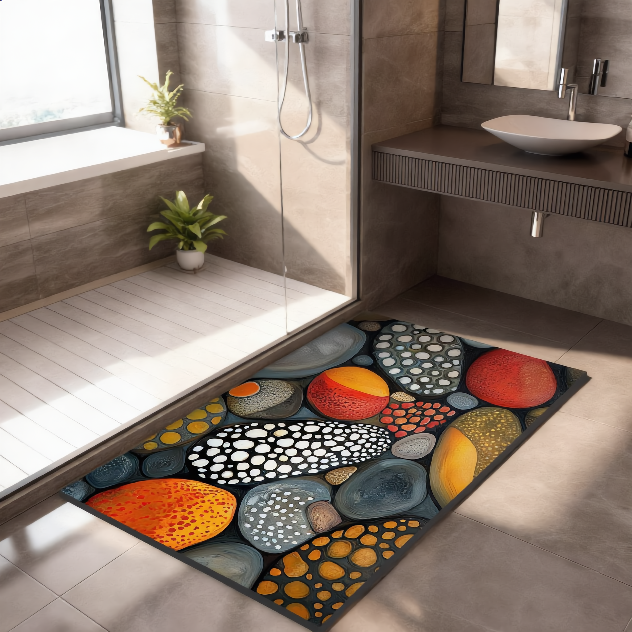 Riviera Stone Bath Mat in a full modern bathroom by the walk-in shower