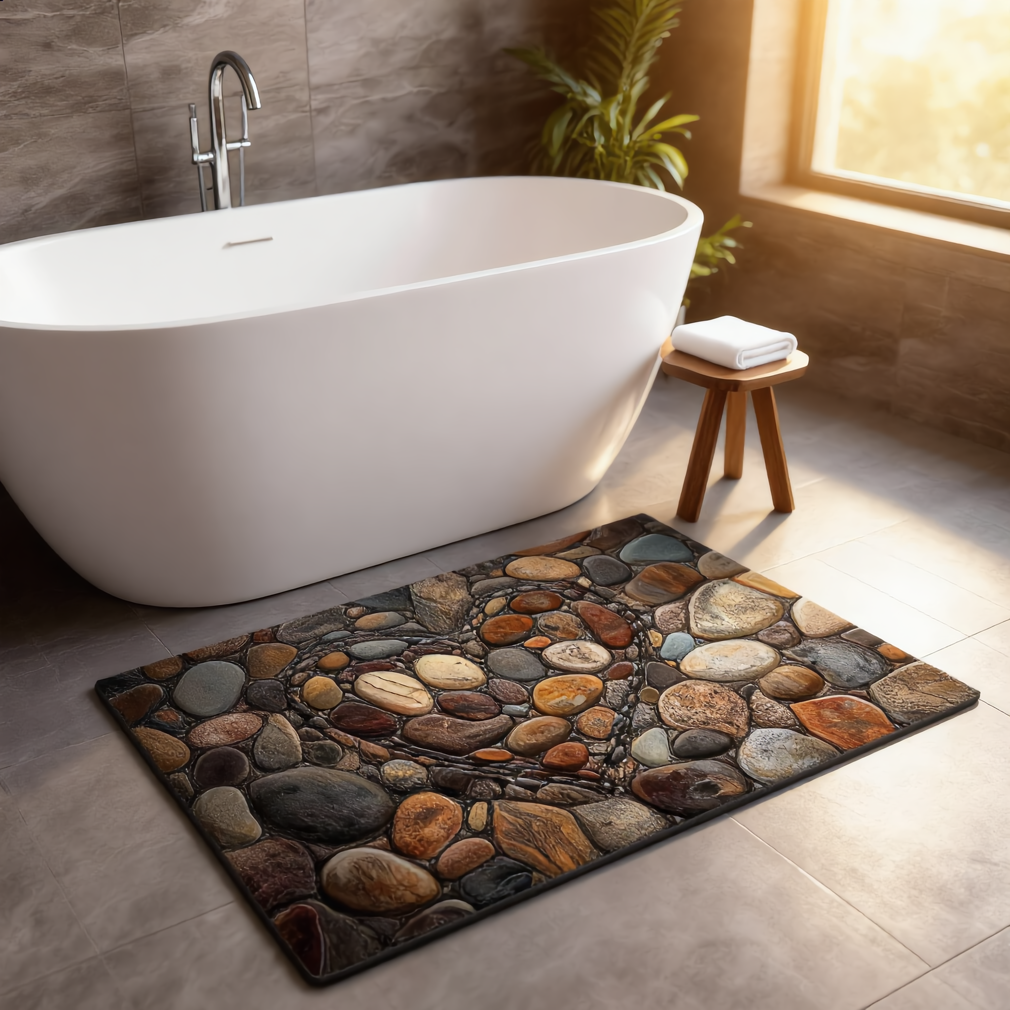 Riviera Stone Bath Mat Heart design in a warm bathroom by a freestanding tub