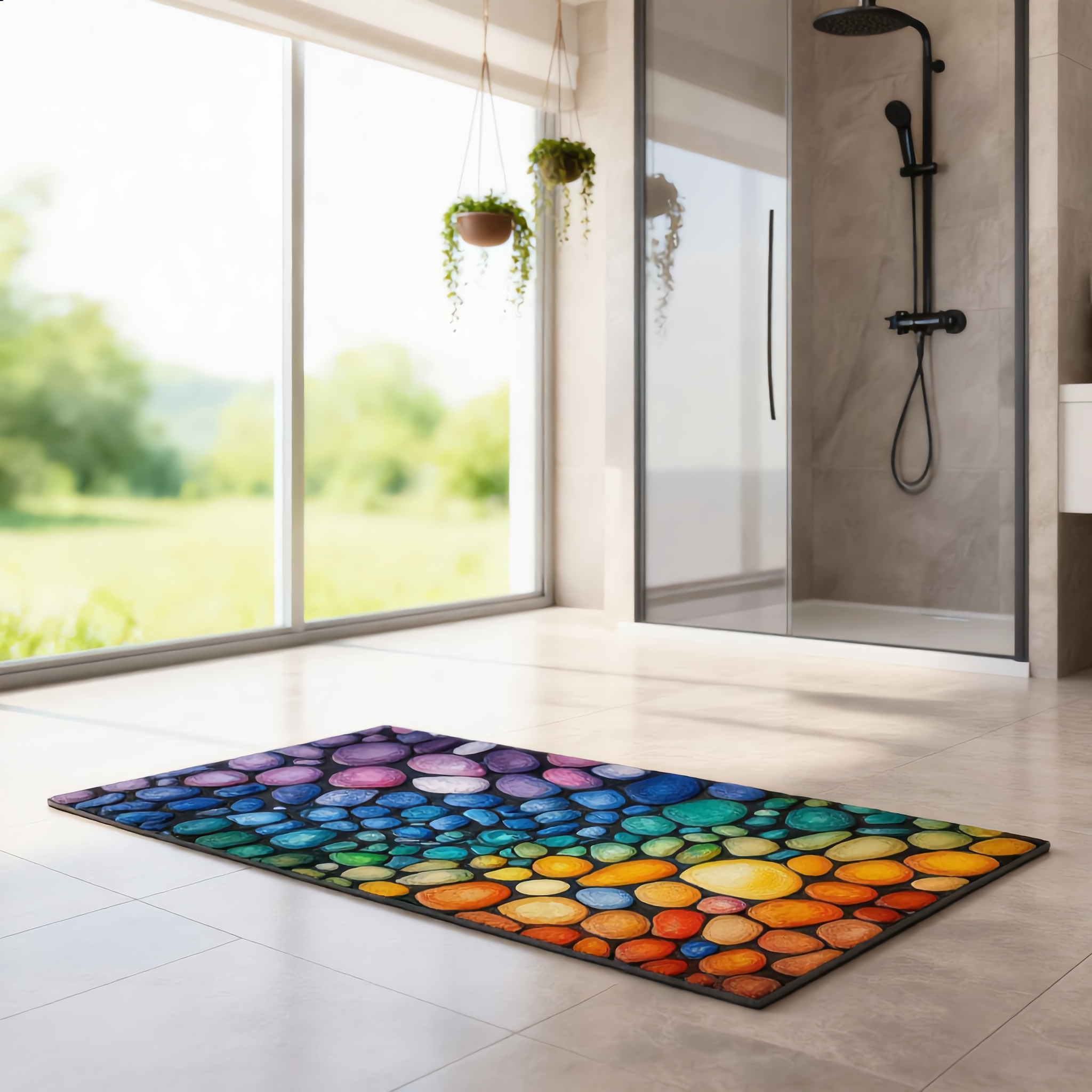 Riviera Stone Bath Mat Rainbow design in a bright airy bathroom