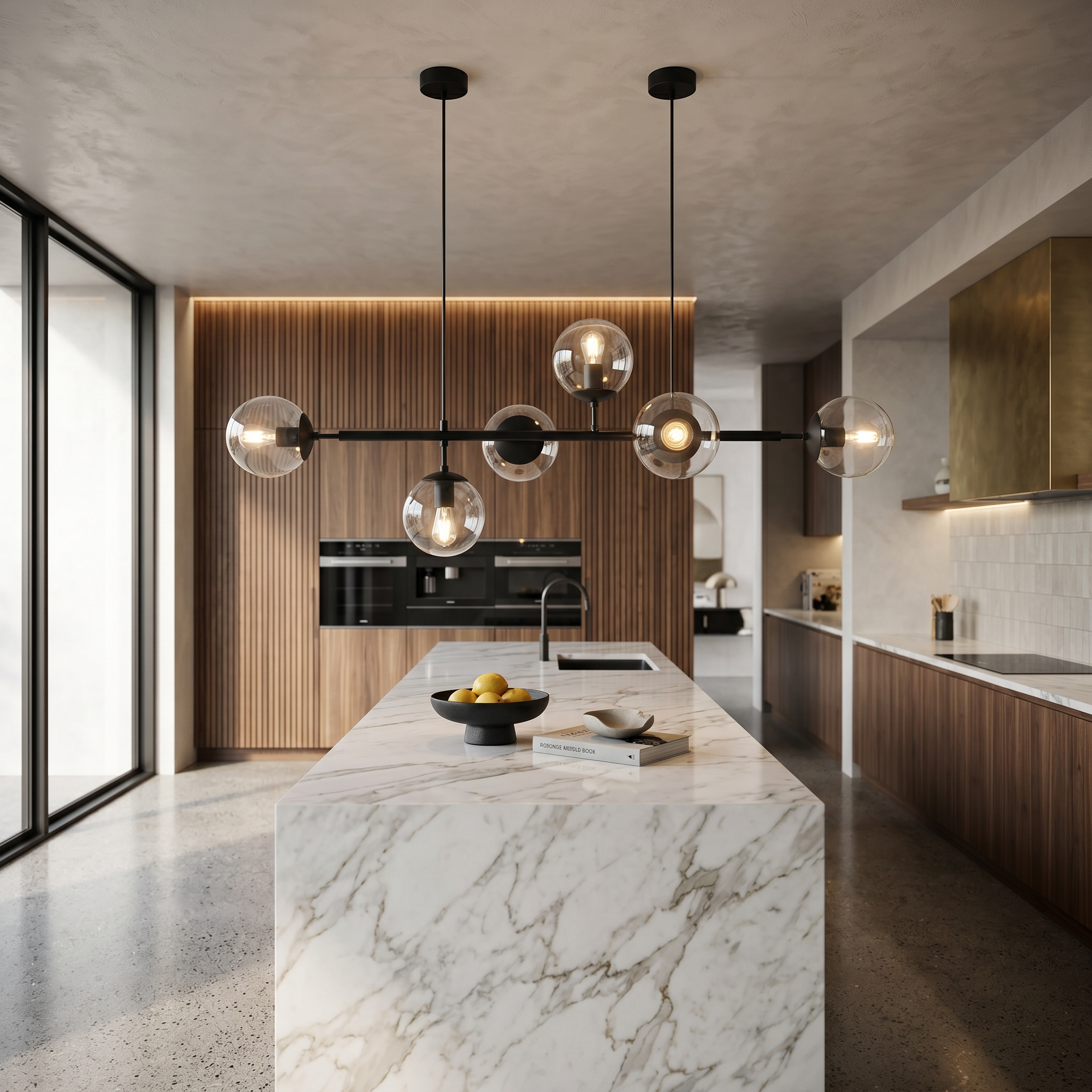 Costellazione black horizontal glass globe pendant over a marble kitchen island