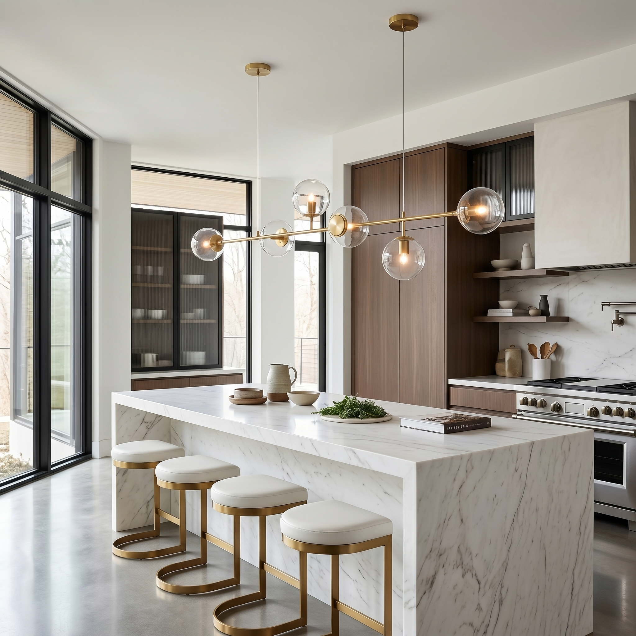 Costellazione gold horizontal glass globe pendant over a marble kitchen island