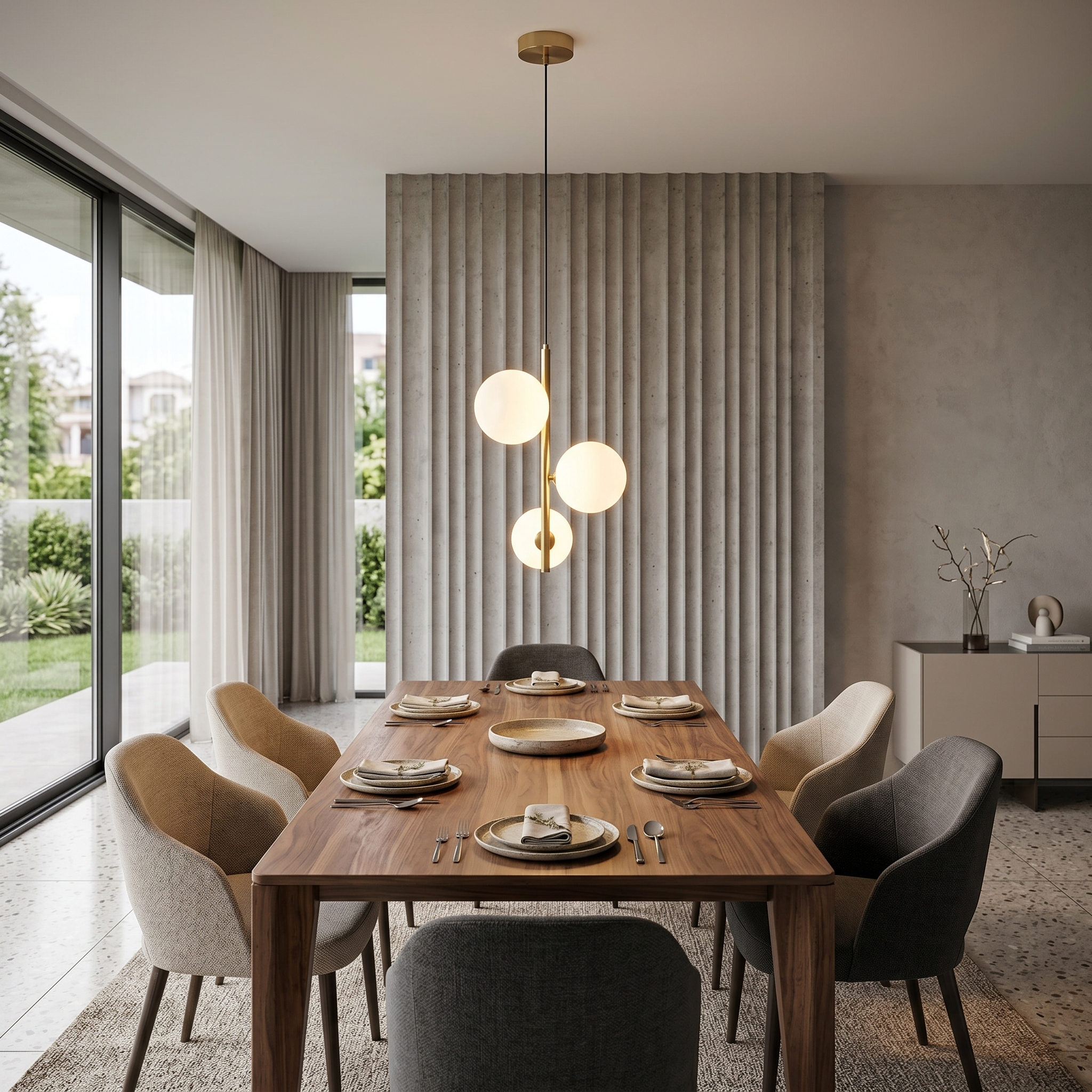 Brass Perla Opal Globe Pendant over an elegant dining table