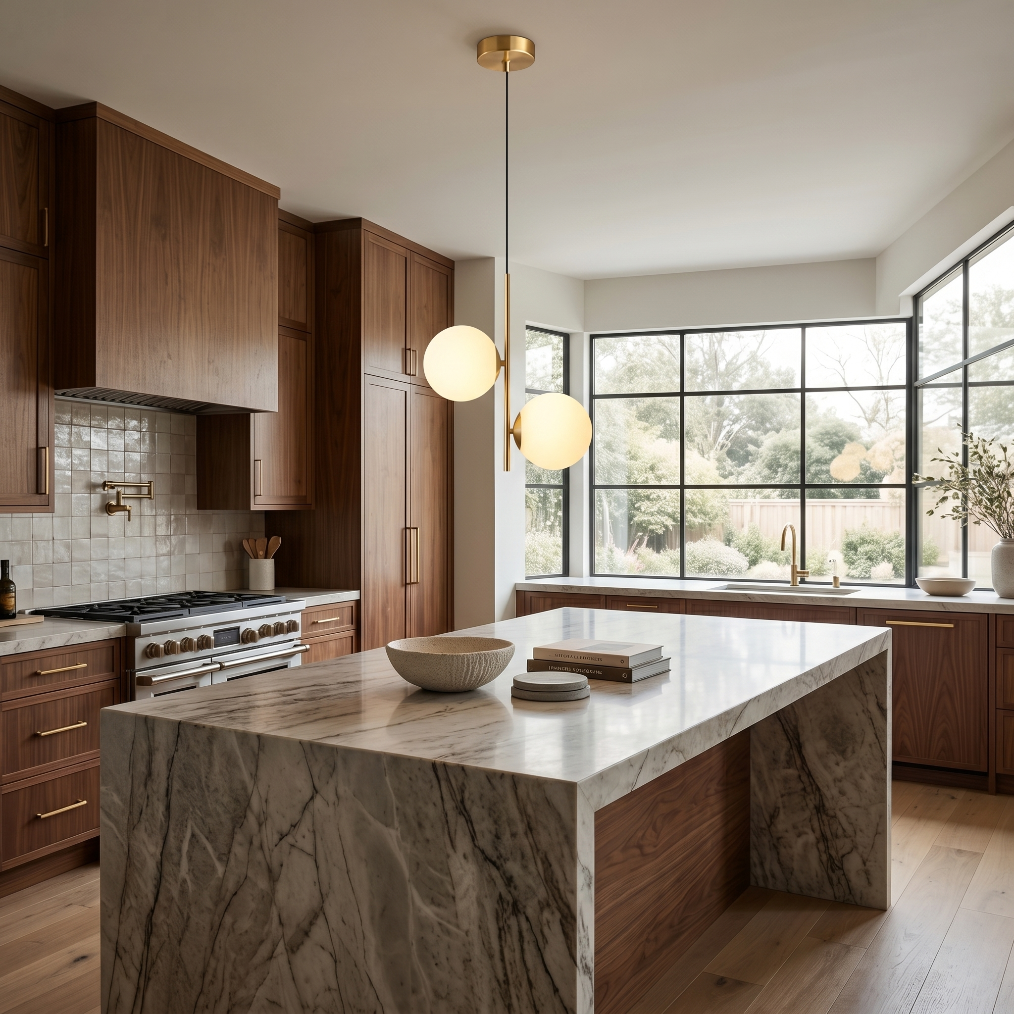Brass Perla Opal Globe Pendant over a kitchen island