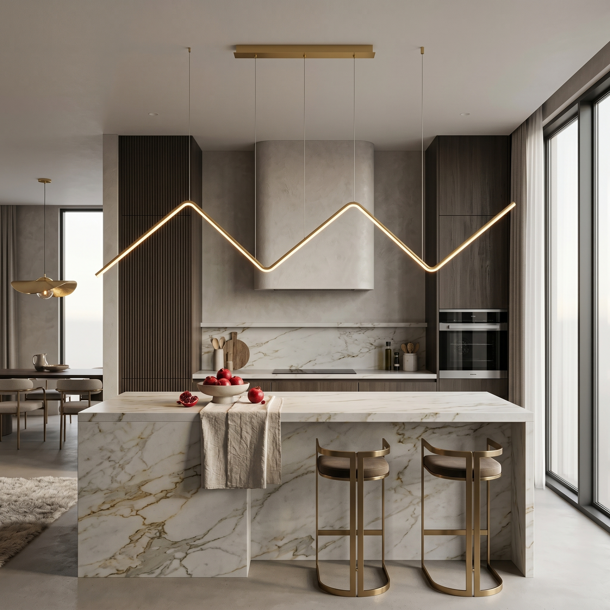 Lampo gold zigzag pendant over a kitchen island