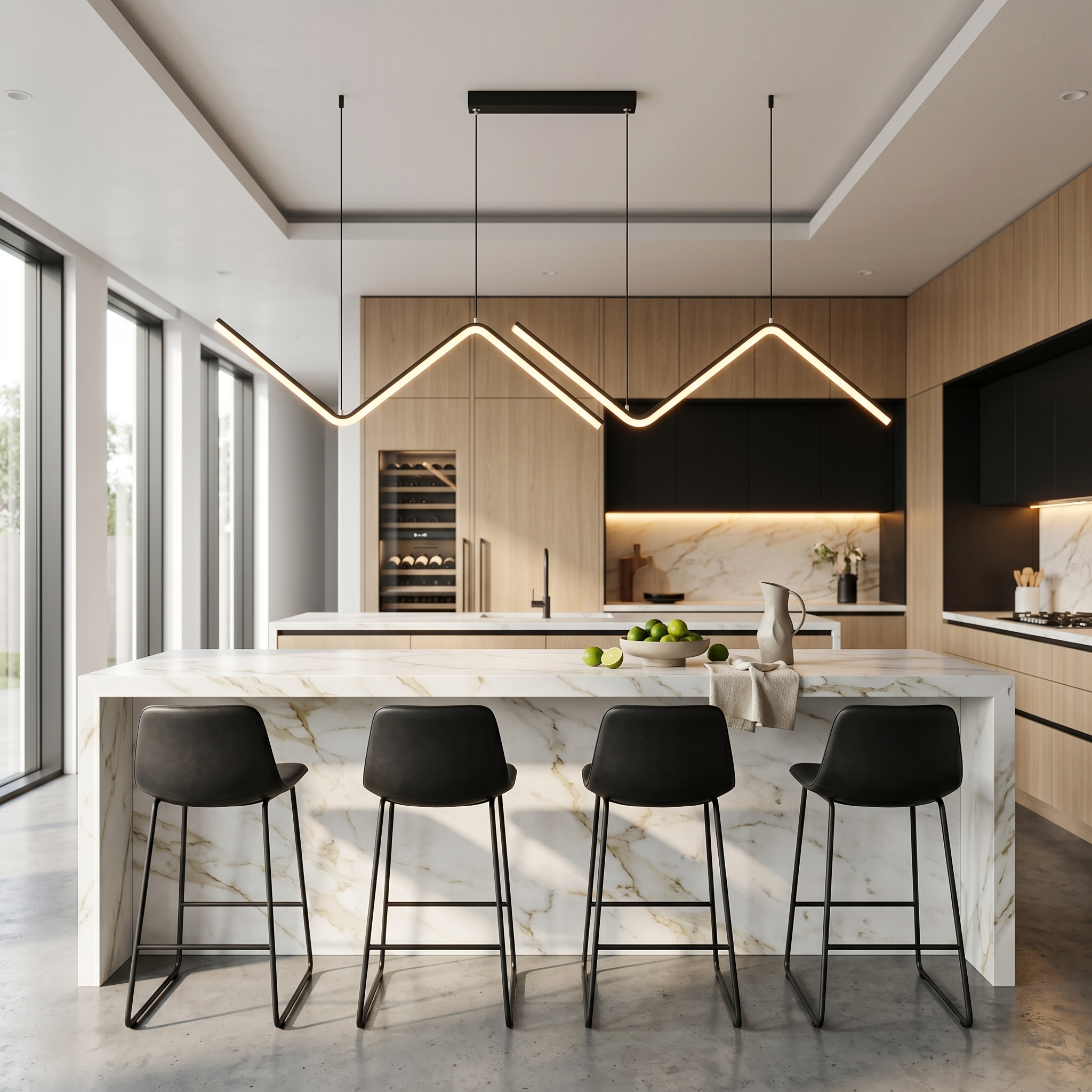 Lampo black zigzag pendant over a marble breakfast bar
