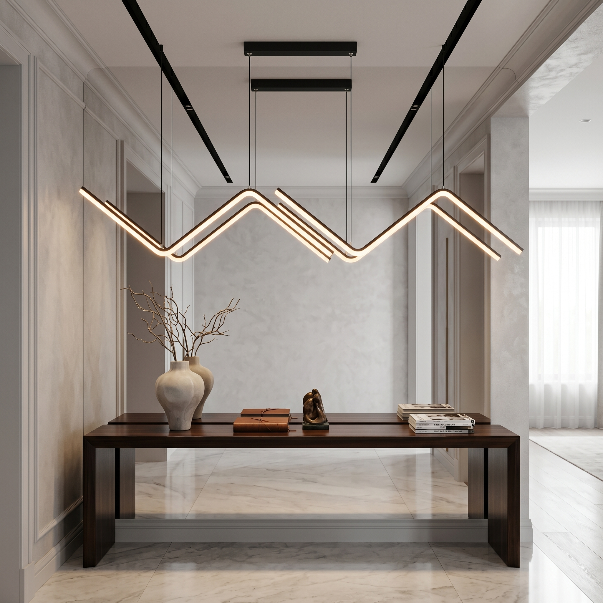 Lampo black zigzag pendant above an entryway console table