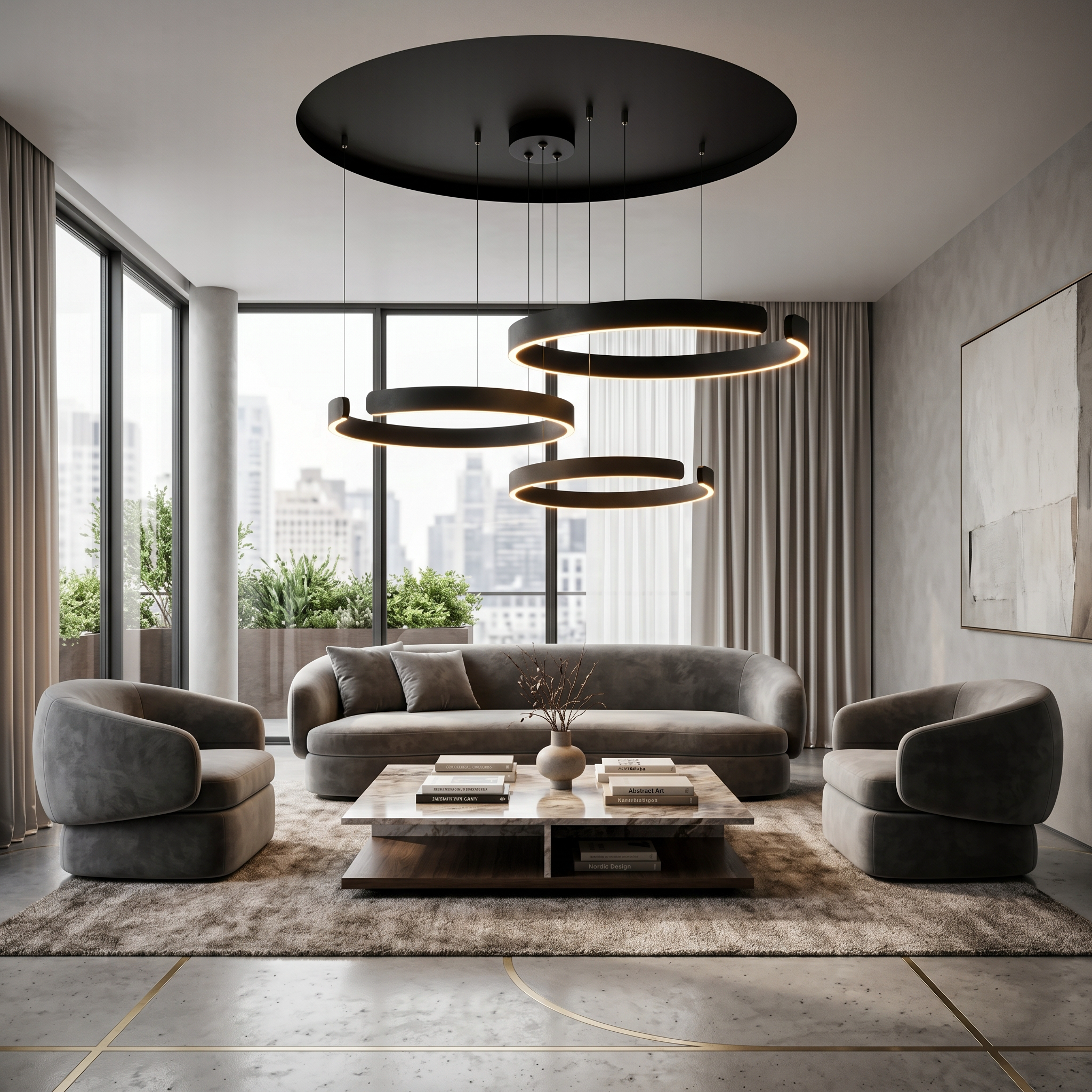Black Orbita LED Ring Chandelier over a living-room seating area