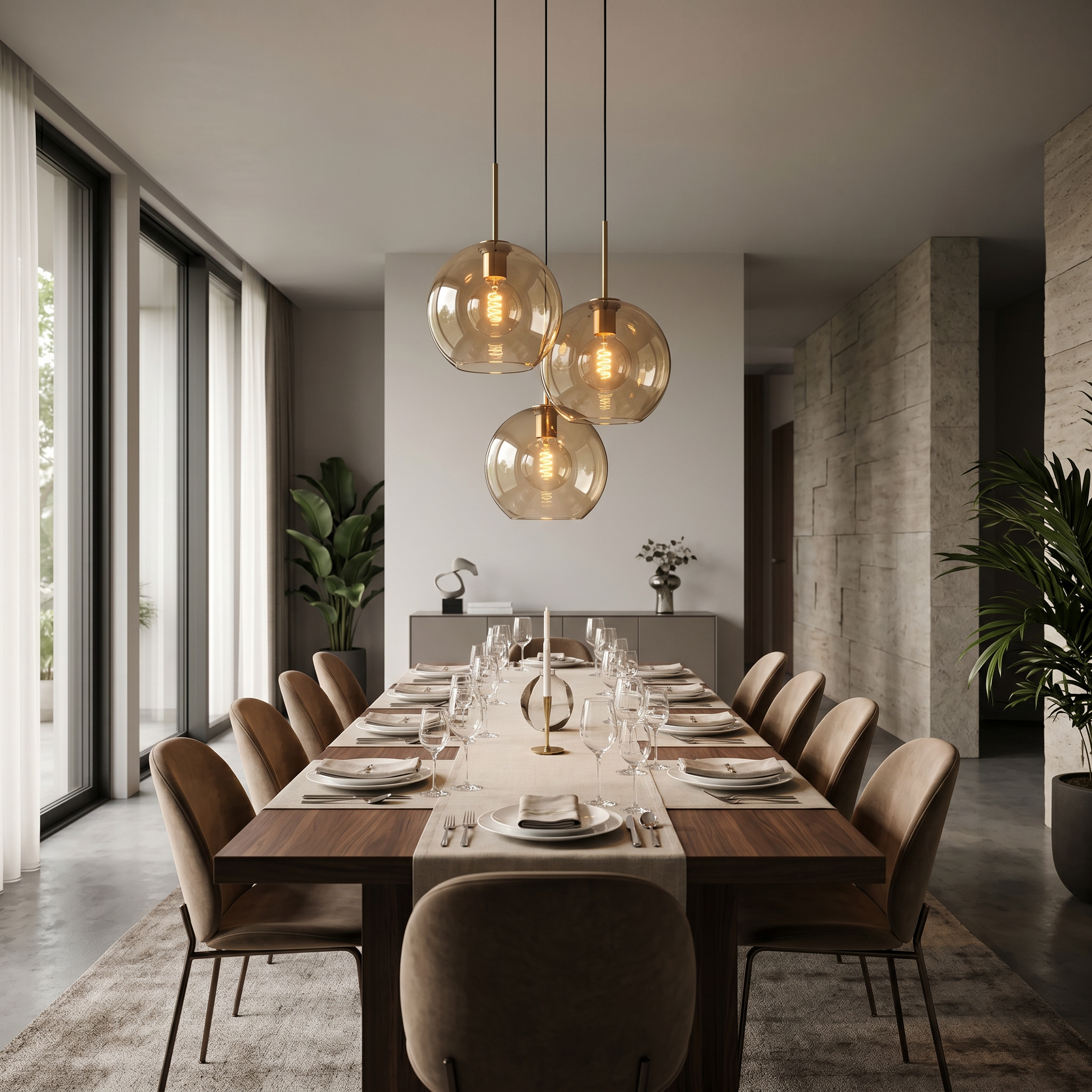 Cluster of three Ambra cognac glass sphere pendants over a dining table