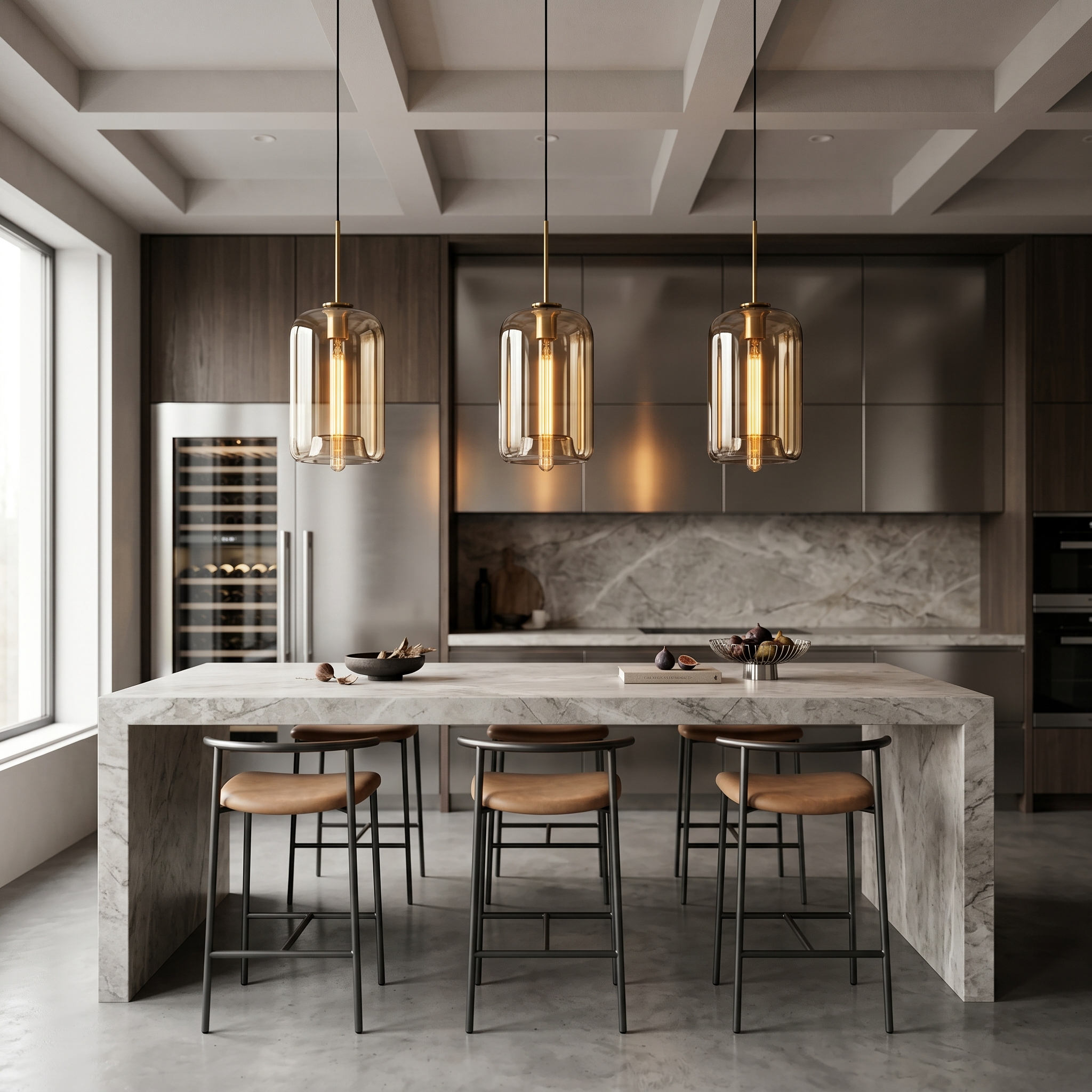 Row of Ambra cognac glass cylinder pendants over a kitchen island