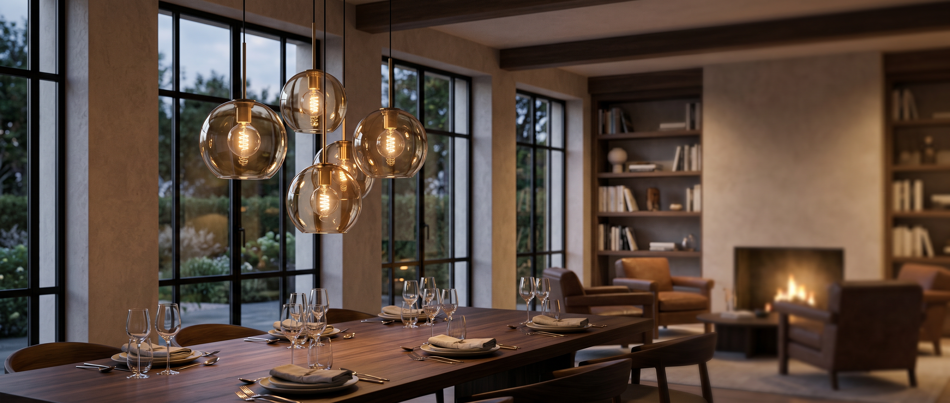 Ambra cognac glass pendant cluster over a dining table at dusk - banner