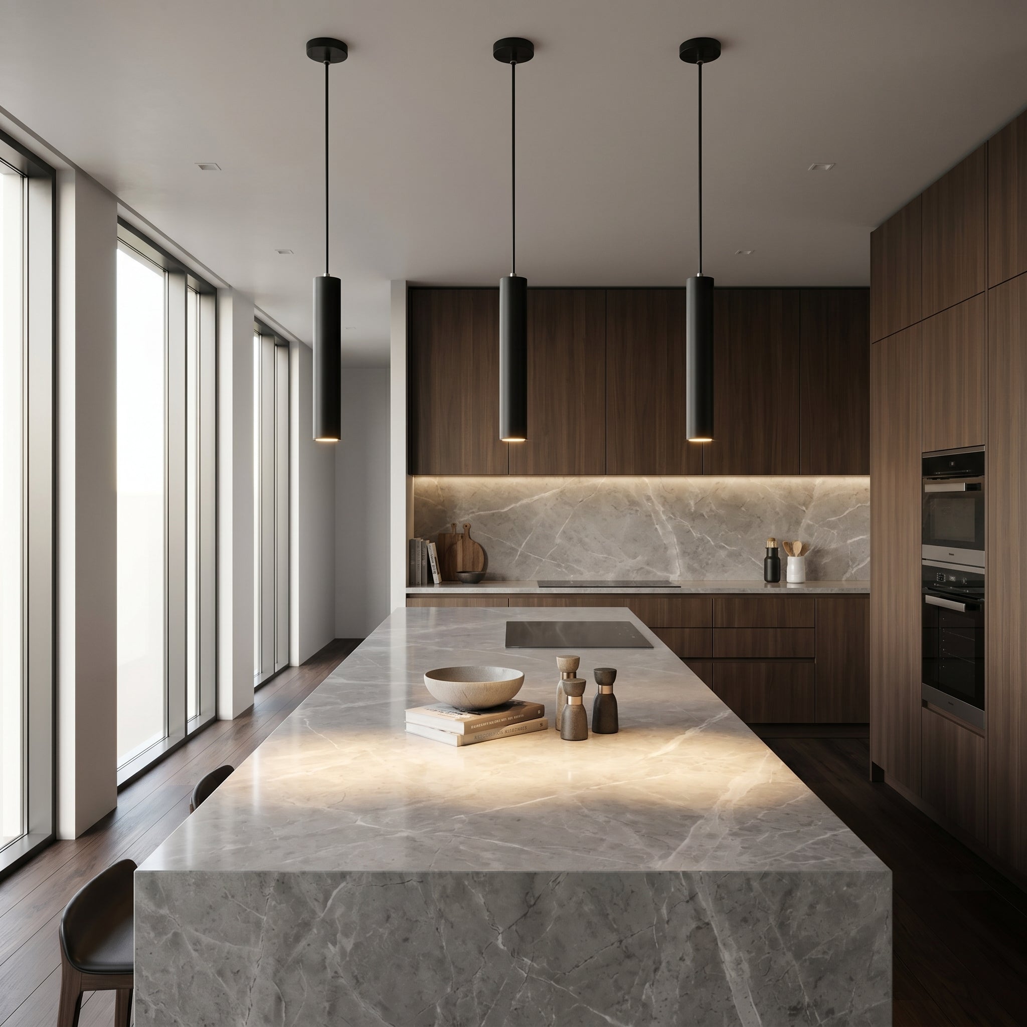 Cometa black tube pendants over a kitchen island