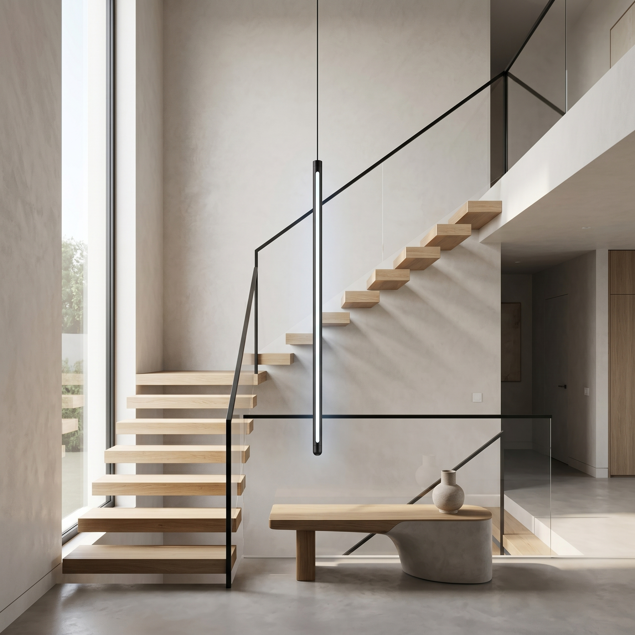 Aisle cool white linear pendant in a modern staircase