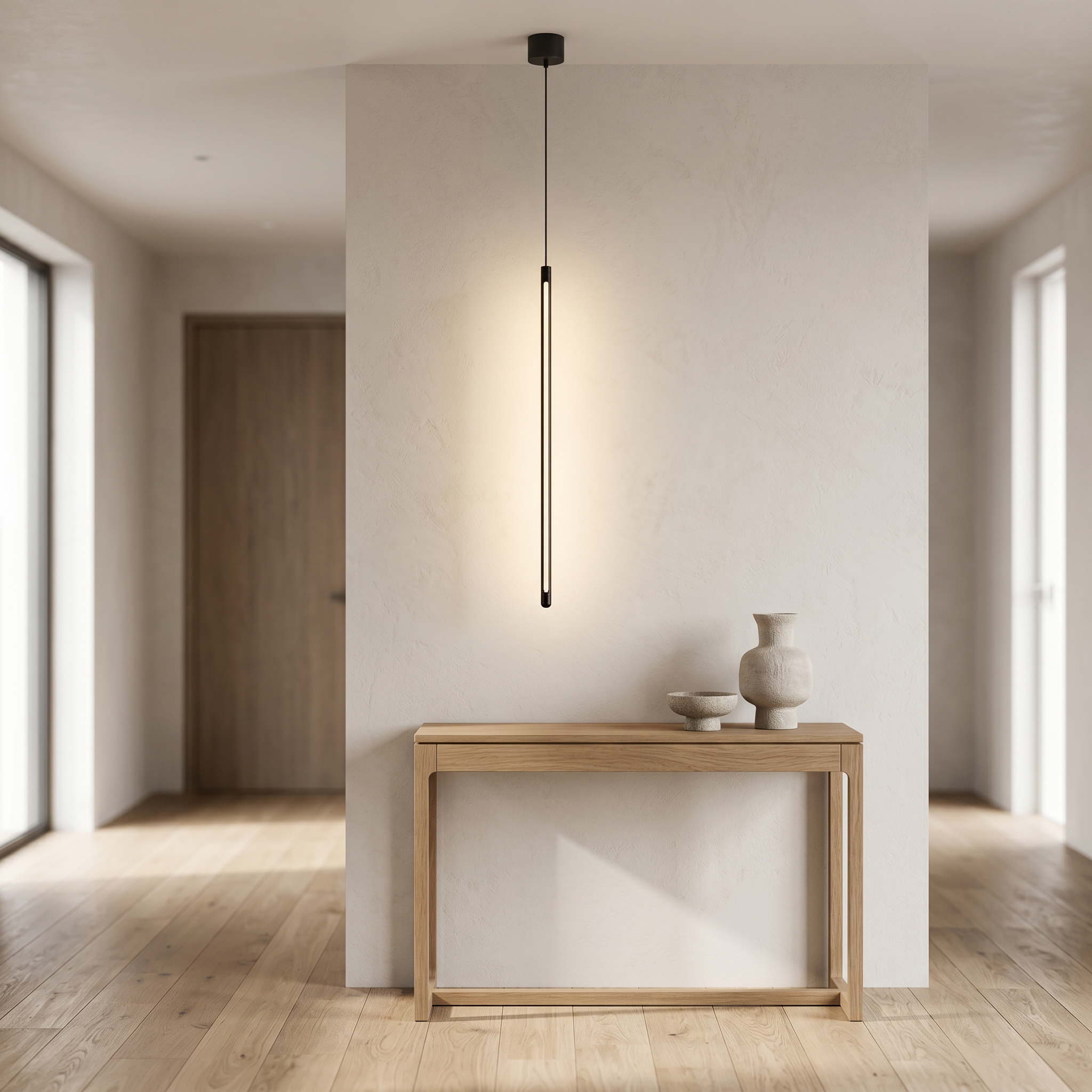 Aisle pendant warm glow washing a wall above an entryway console