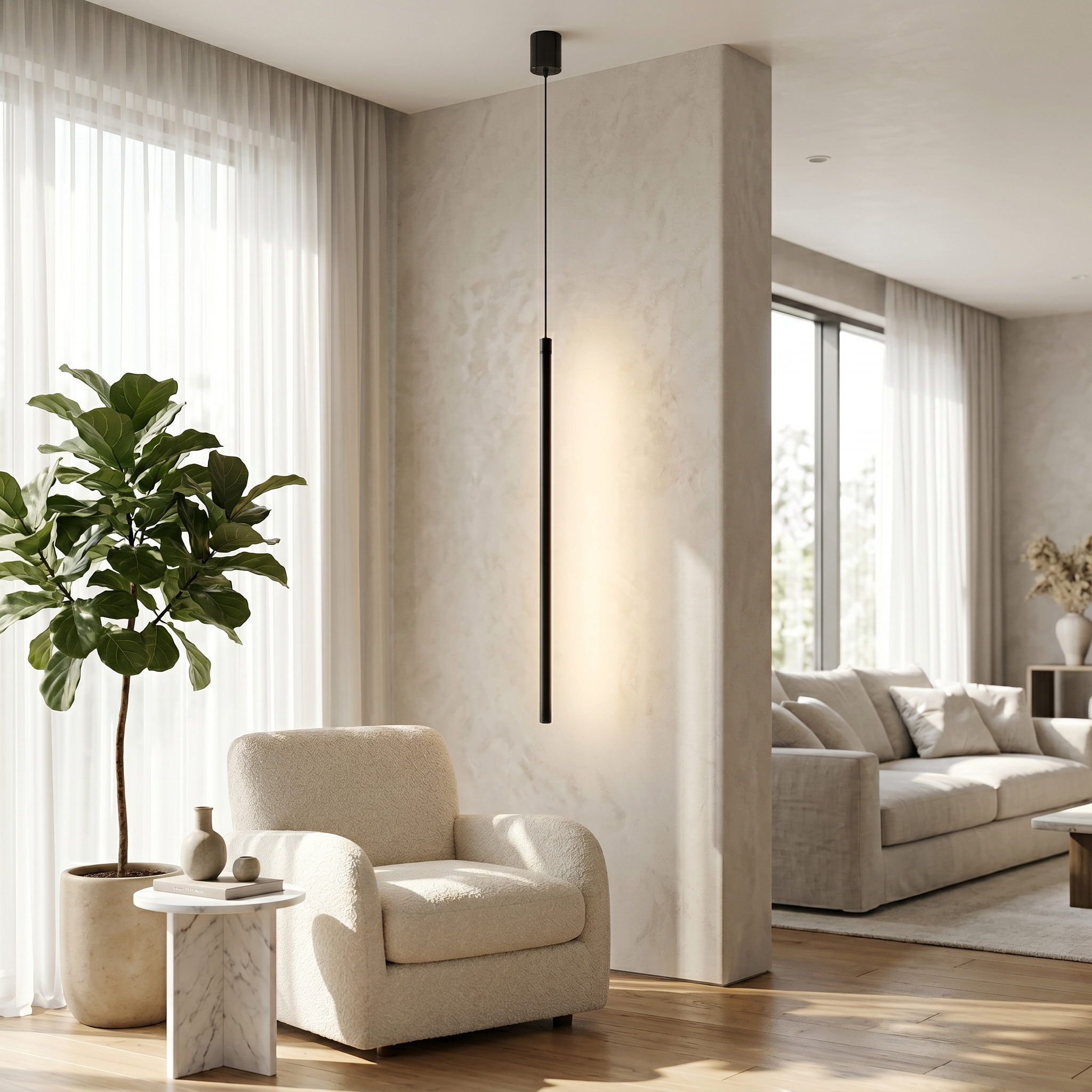 Aisle pendant warm glow in a modern living room corner