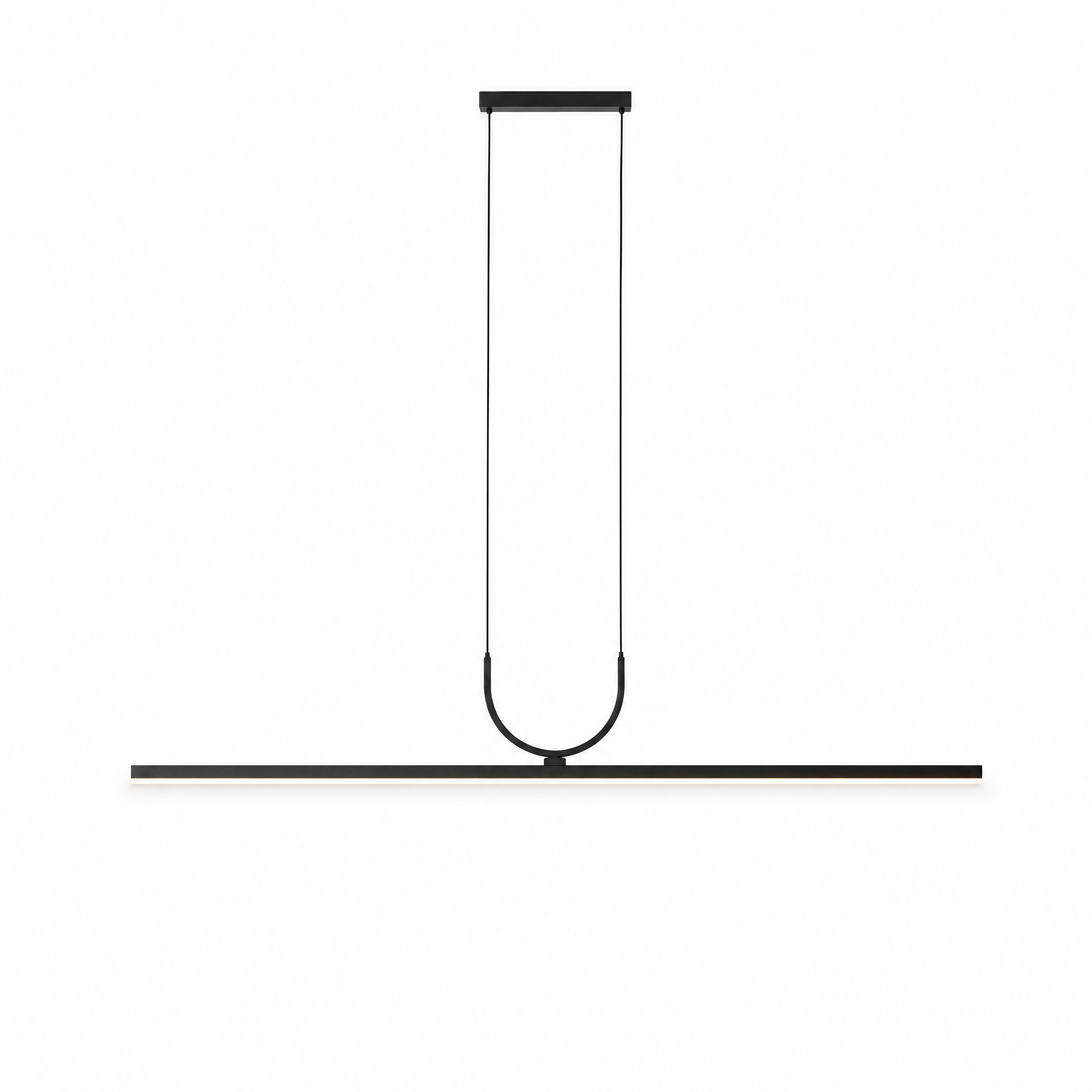 Orizzonte Linear LED Pendant in black with warm white 3000K light on a white background