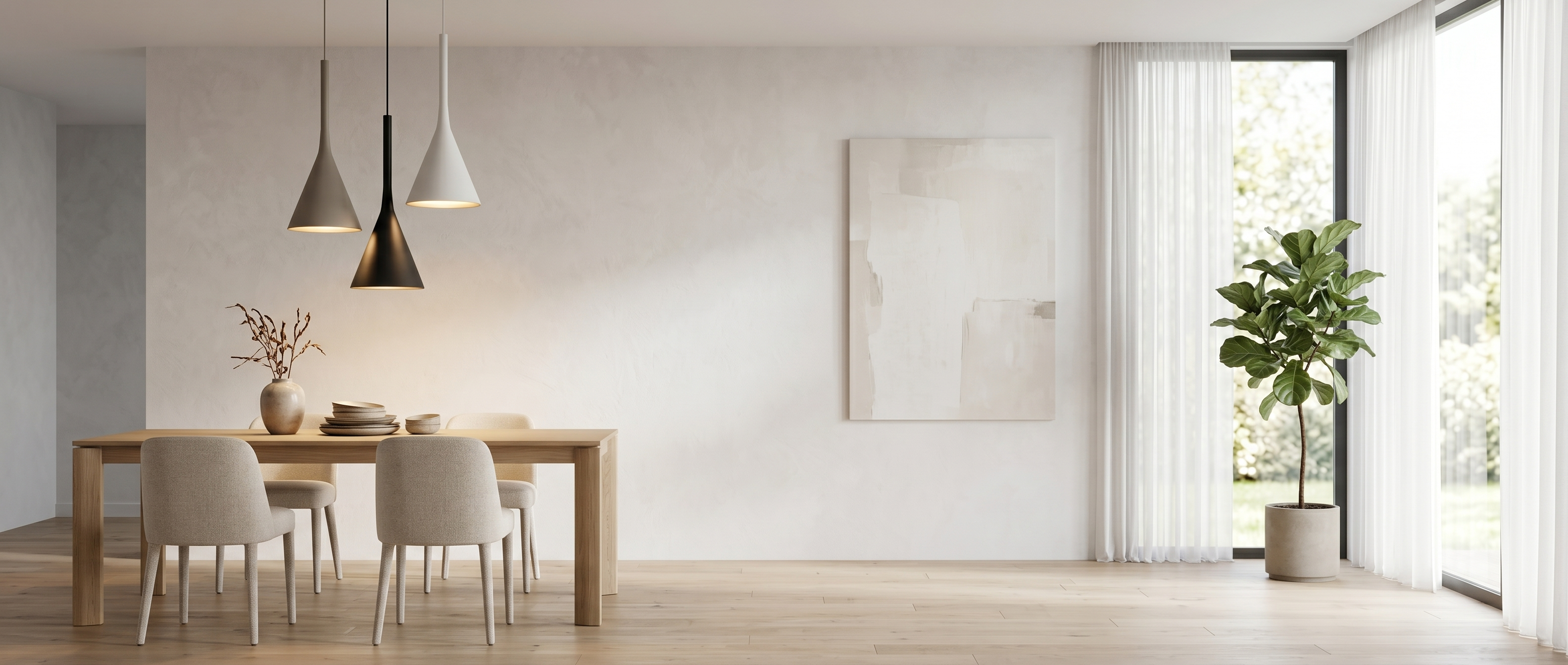 Calla cone pendant lights over a modern dining table banner