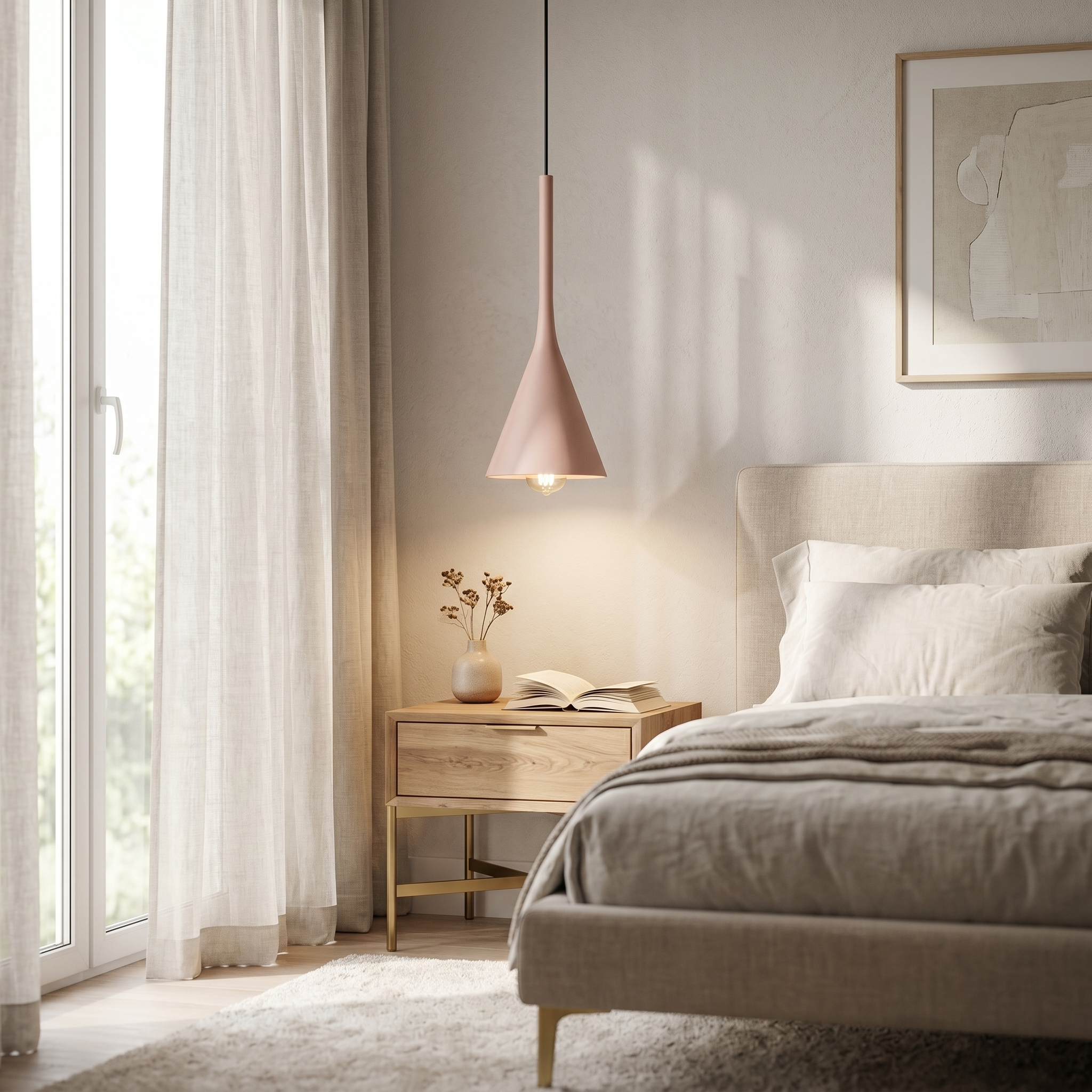 Pink Calla cone pendant over a bedside nightstand