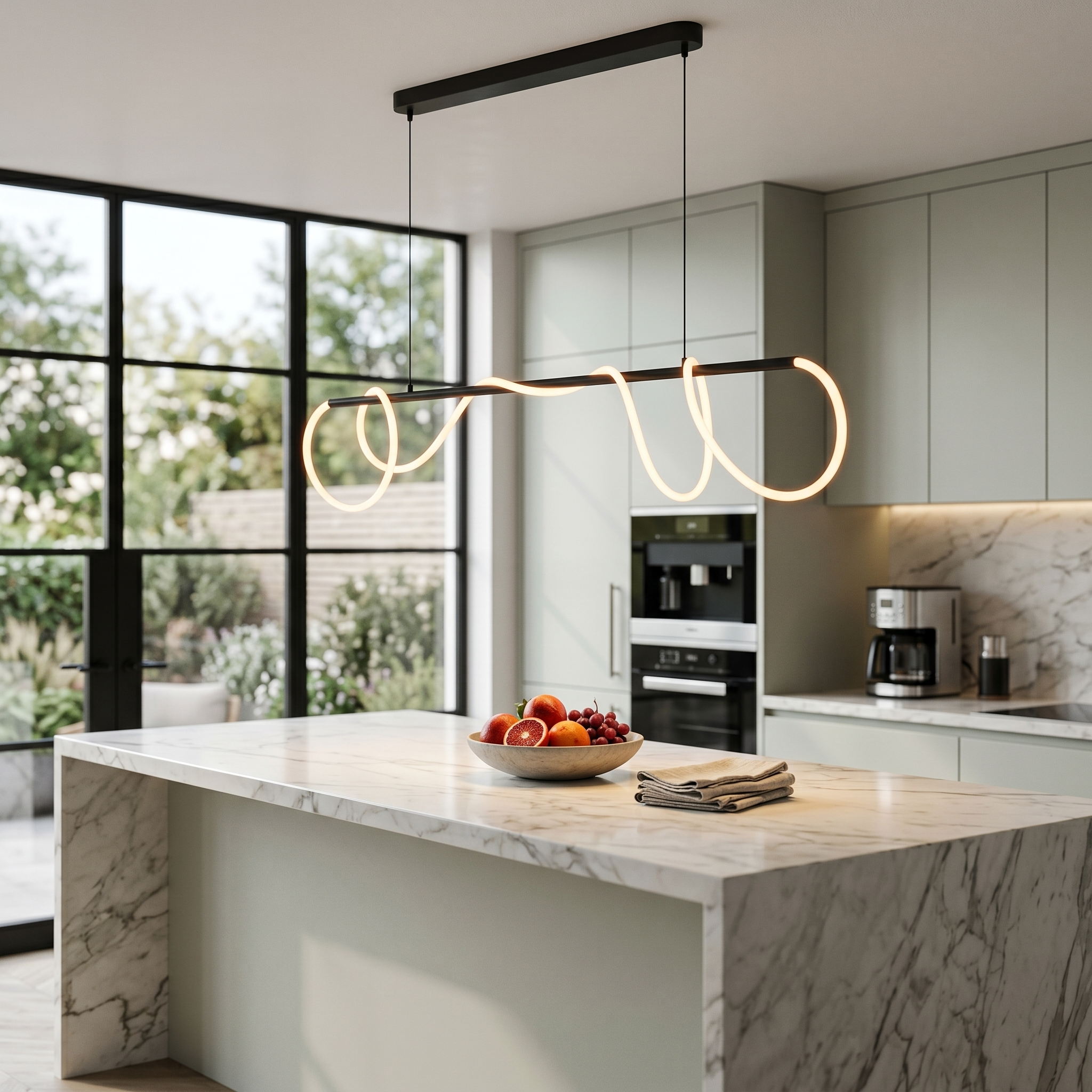 Black Onda linear chandelier over a marble kitchen island