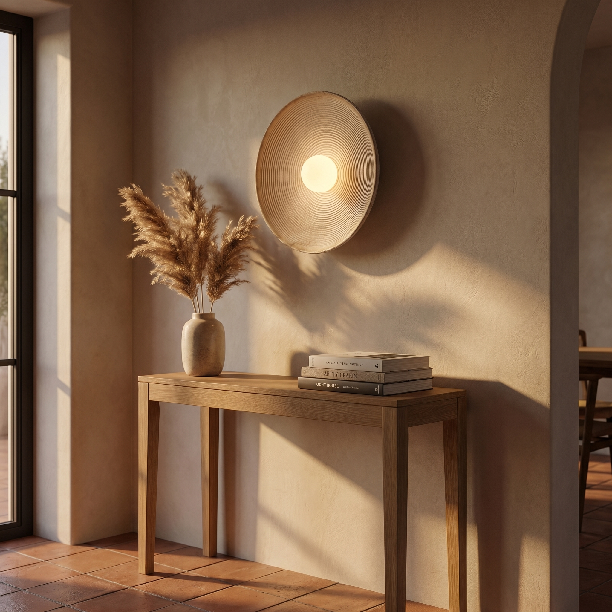 Aurelia Sculptural Wall Sconce glowing above an oak console in a warm Mediterranean entryway