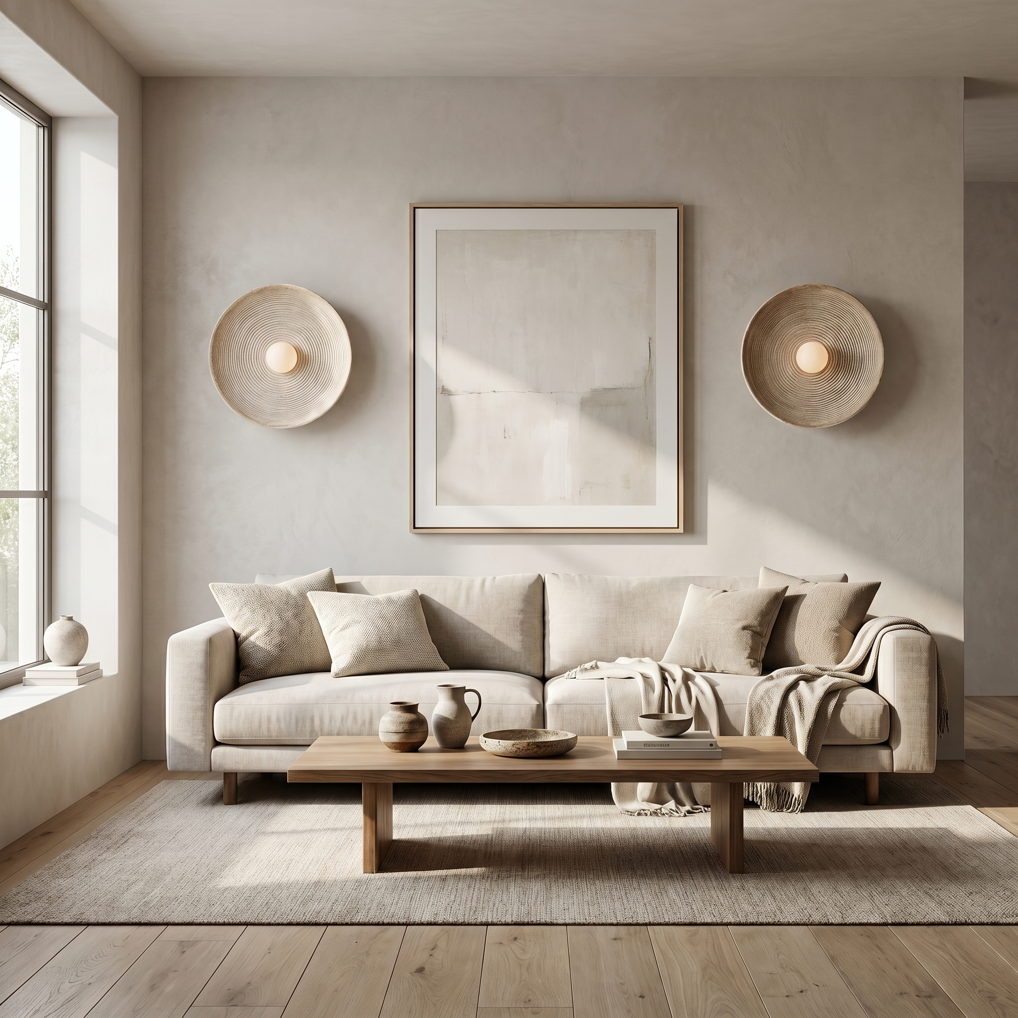 A pair of Aurelia Sculptural Wall Sconces flanking art above a linen sofa in a bright living room