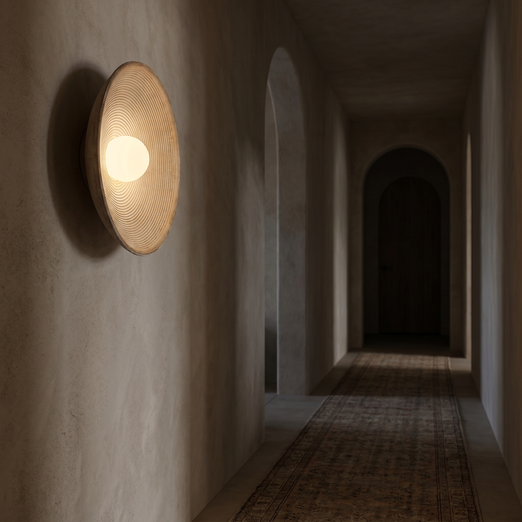Aurelia Sculptural Wall Sconce glowing warmly along a vaulted plaster hallway at night