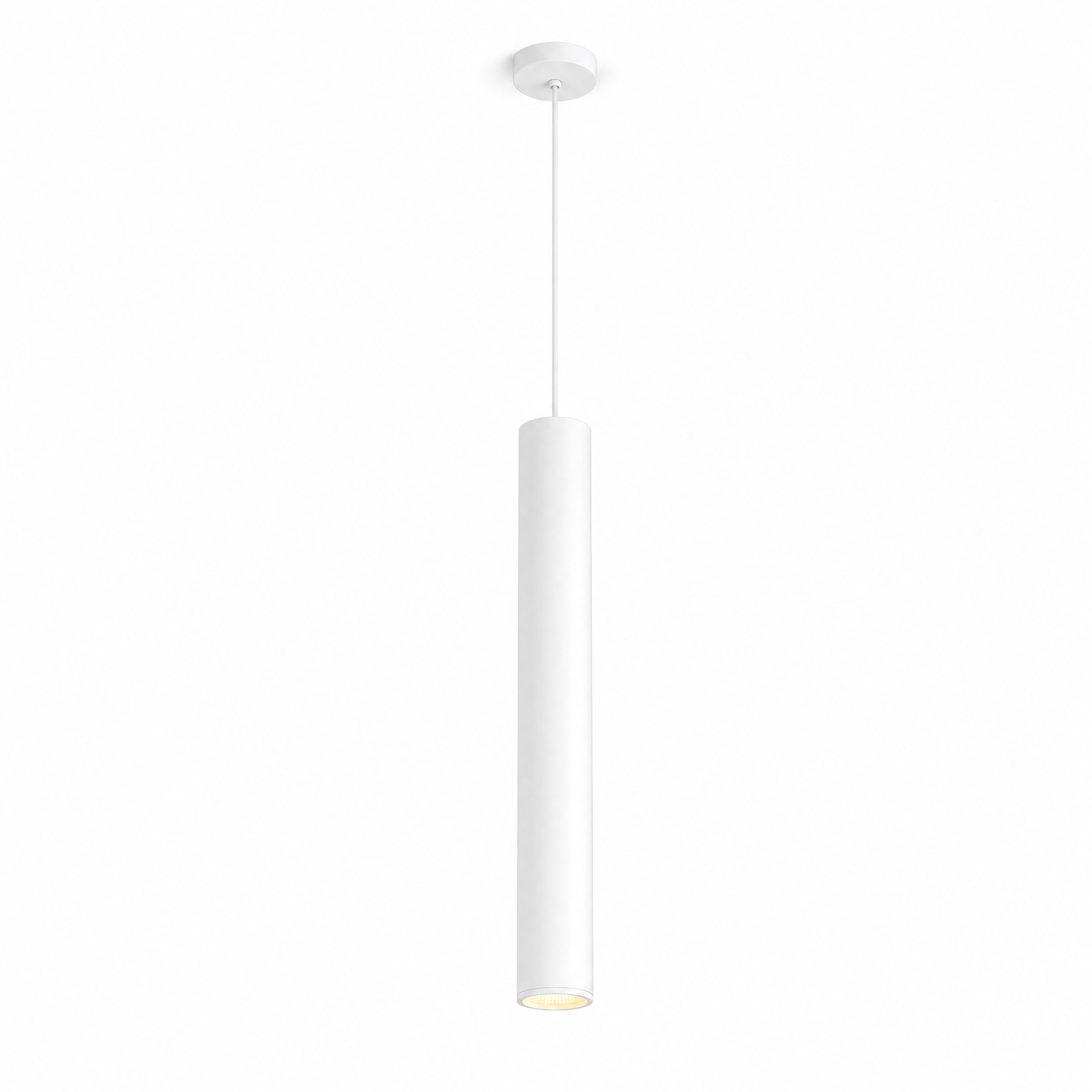 Flauto Slim Tube Pendant in white satin — studio view with warm downward glow